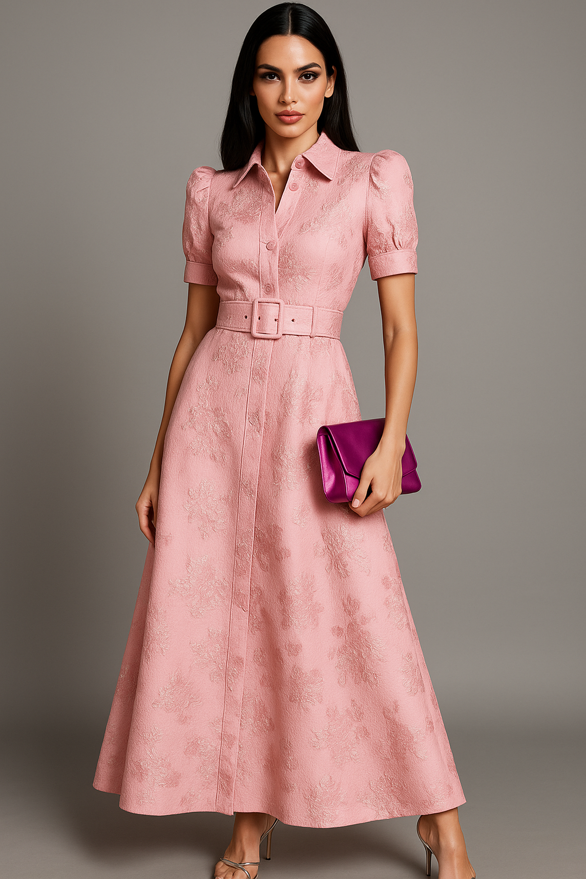 NOUVEAU RICHE Damen Tailliertes Maxikleid aus Satin mit Blumenmuster Rosa