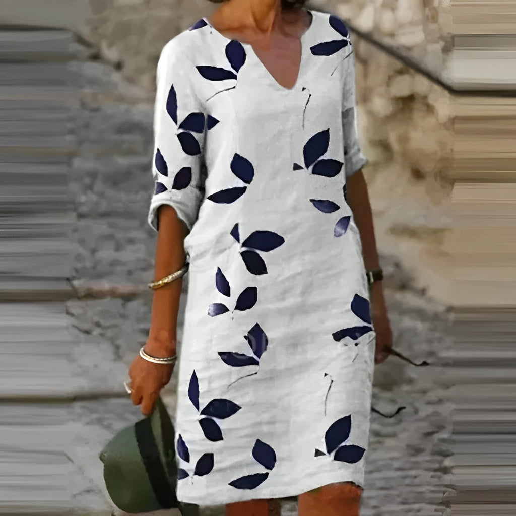 NOUVEAU RICHE Mechi | Damen Sommerkleid – Vintage-Look, V-Ausschnitt & Kurze Ärmel Weiß