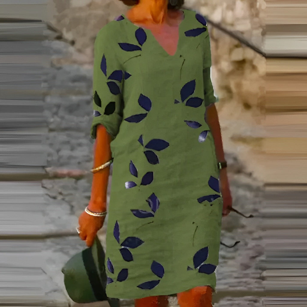 NOUVEAU RICHE Mechi | Damen Sommerkleid – Vintage-Look, V-Ausschnitt & Kurze Ärmel Grün