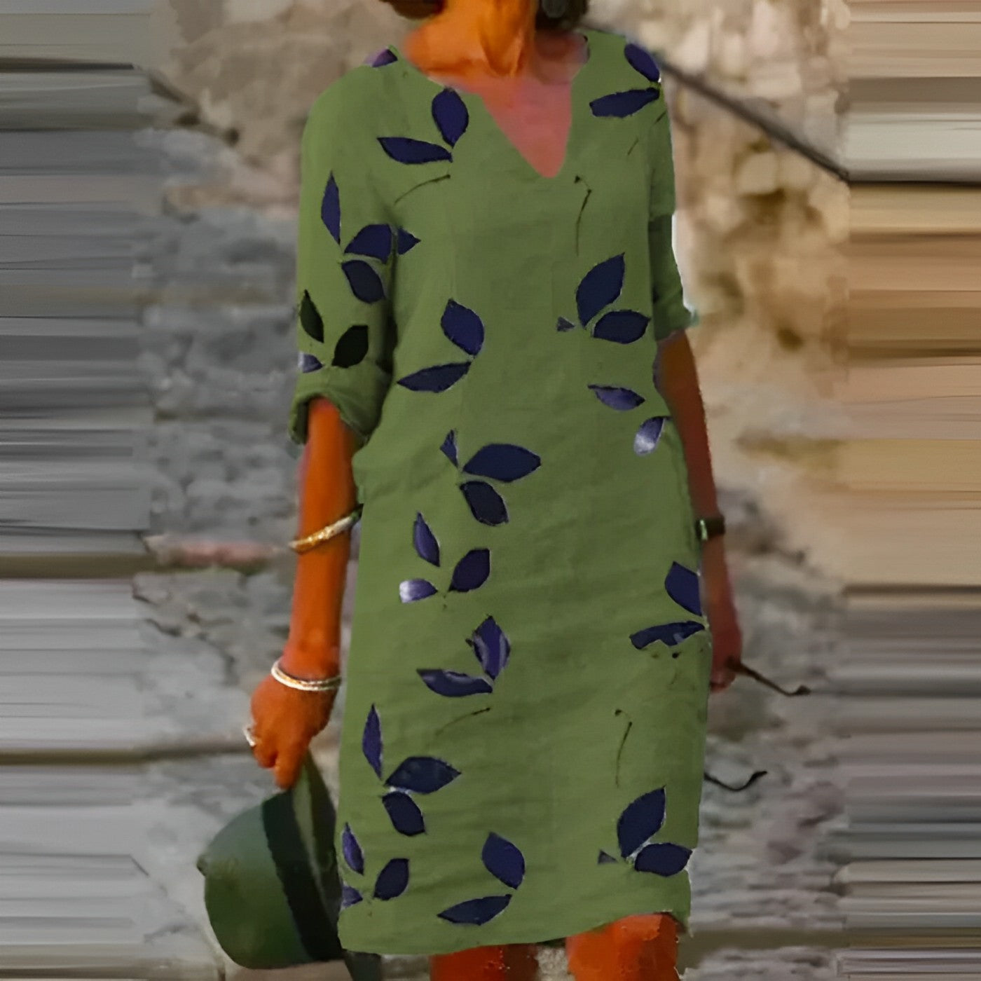 NOUVEAU RICHE Mechi | Damen Sommerkleid – Vintage-Look, V-Ausschnitt & Kurze Ärmel Grün