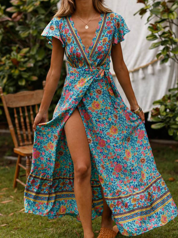 NOUVEAU RICHE Maxi Wickelkleid mit Blumenmuster im Bohemian Stil aus 100 Prozent Polyester mit V-Ausschnitt und Kurzarm für Damen in verschiedenen Größen Grün