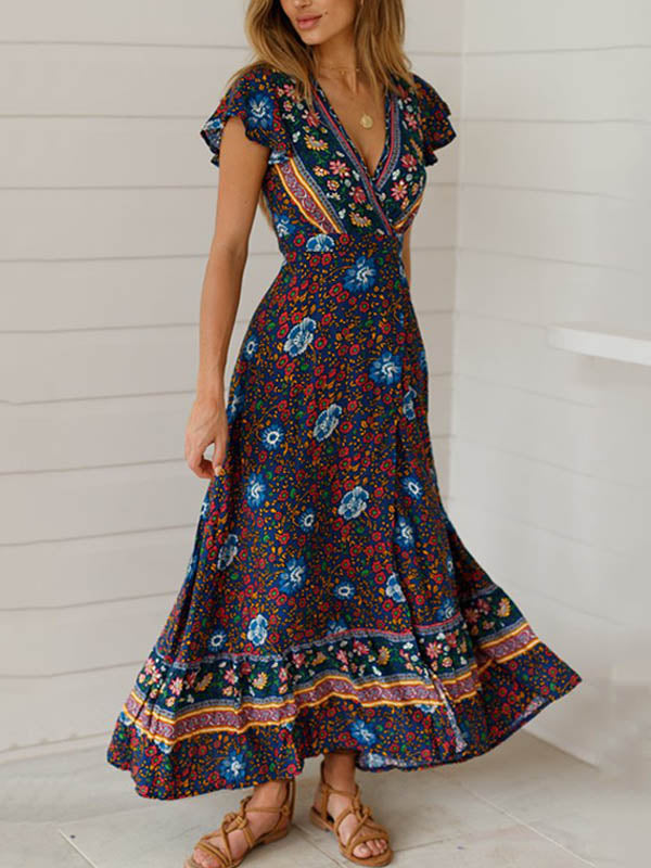 NOUVEAU RICHE Maxi Wickelkleid Mit Blumenmuster Im Bohemian Stil Für Damen Aus 100 Prozent Polyester Mit V Ausschnitt Kurzarm Und Strukturierte Taille In Verschiedenen Größen Schwarz+Blau
