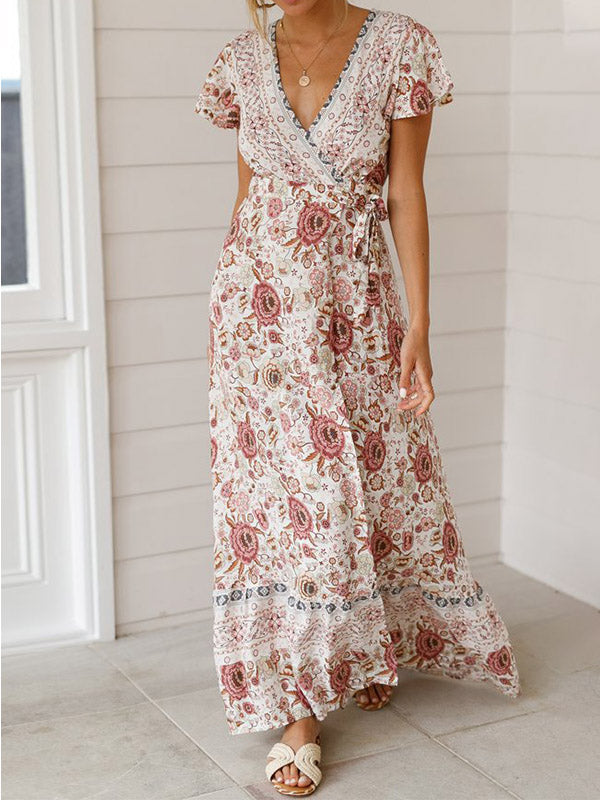 NOUVEAU RICHE Maxi Wickelkleid mit Blumenmuster im Bohemian Stil für Damen aus 100 Prozent Polyester mit V-Ausschnitt und Kurzarm in verschiedenen Größen verfügbar