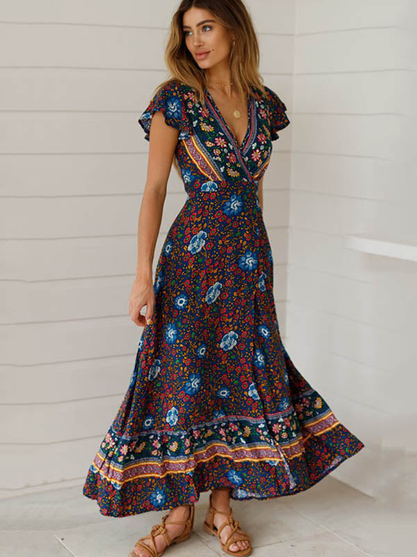 NOUVEAU RICHE Maxi Wickelkleid Mit Blumenmuster Im Bohemian Stil Für Damen Aus 100 Prozent Polyester Mit V Ausschnitt Kurzarm Und Strukturierte Taille In Verschiedenen Größen