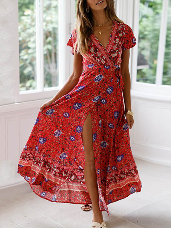 NOUVEAU RICHE Maxi Wickelkleid Mit Blumenmuster Im Bohemian Stil Für Damen Aus 100 Prozent Polyester V Ausschnitt Kurzarm Und Strukturierter Bund In Verschiedenen Größen