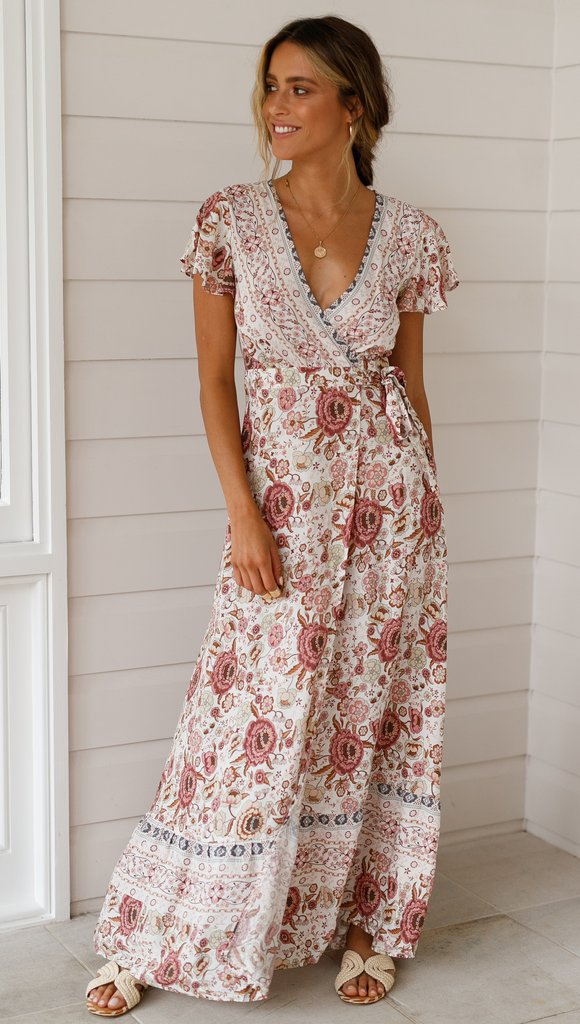NOUVEAU RICHE Maxi Wickelkleid mit Blumenmuster im Bohemian Stil für Damen aus 100 Prozent Polyester mit V-Ausschnitt und Kurzarm in verschiedenen Größen verfügbar