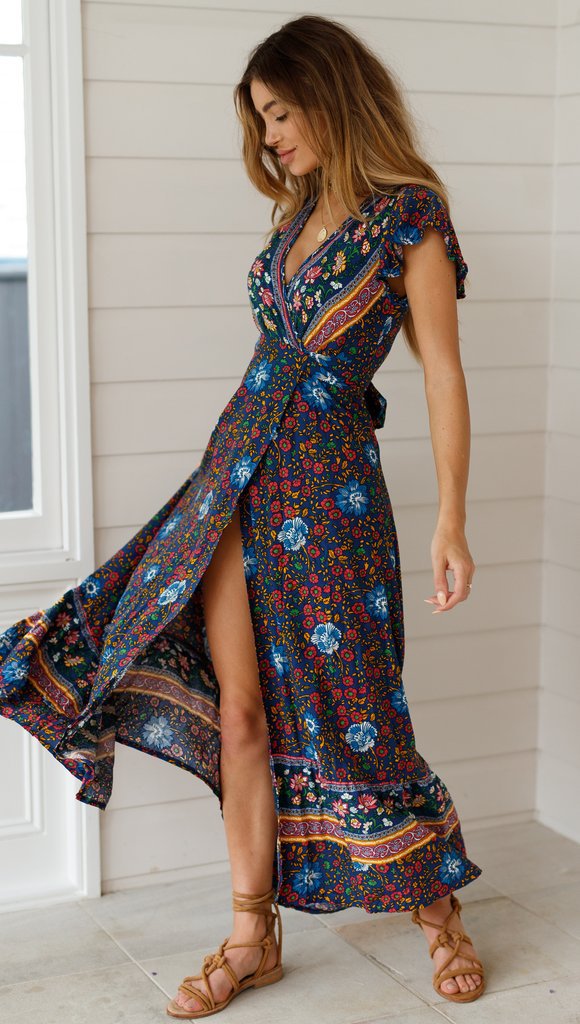 NOUVEAU RICHE Maxi Wickelkleid Mit Blumenmuster Im Bohemian Stil Für Damen Aus 100 Prozent Polyester Mit V Ausschnitt Kurzarm Und Strukturierte Taille In Verschiedenen Größen