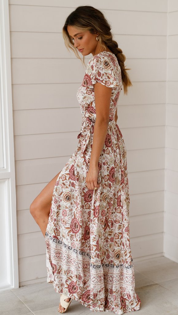 NOUVEAU RICHE Maxi Wickelkleid mit Blumenmuster im Bohemian Stil für Damen aus 100 Prozent Polyester mit V-Ausschnitt und Kurzarm in verschiedenen Größen verfügbar