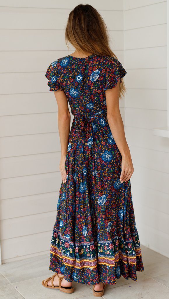 NOUVEAU RICHE Maxi Wickelkleid Mit Blumenmuster Im Bohemian Stil Für Damen Aus 100 Prozent Polyester Mit V Ausschnitt Kurzarm Und Strukturierte Taille In Verschiedenen Größen