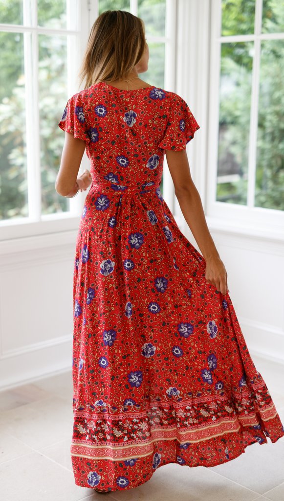 NOUVEAU RICHE Maxi Wickelkleid Mit Blumenmuster Im Bohemian Stil Für Damen Aus 100 Prozent Polyester V Ausschnitt Kurzarm Und Strukturierter Bund In Verschiedenen Größen