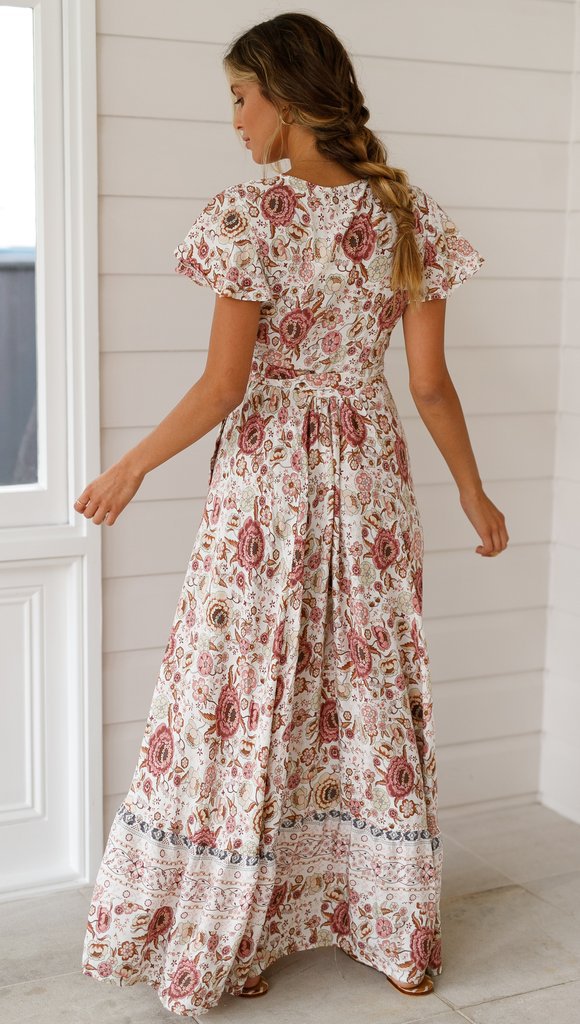 NOUVEAU RICHE Maxi Wickelkleid mit Blumenmuster im Bohemian Stil für Damen aus 100 Prozent Polyester mit V-Ausschnitt und Kurzarm in verschiedenen Größen verfügbar