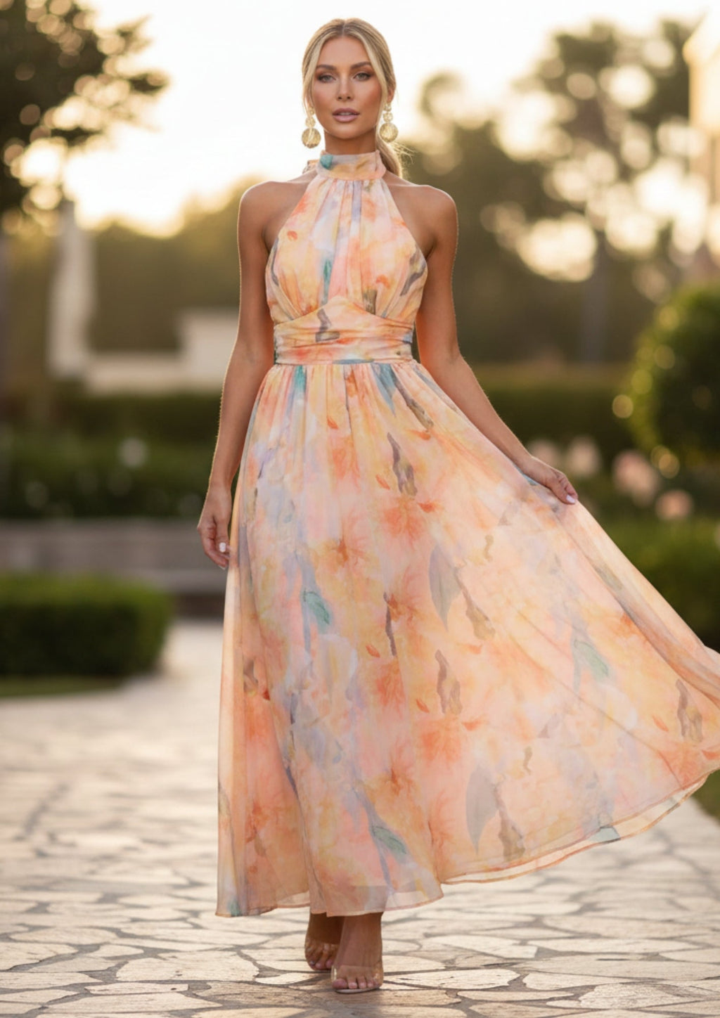 NOUVEAU RICHE Damen Maxi Abendkleid Neckholder Ärmelloses Kleid Fließendem Rock Muster