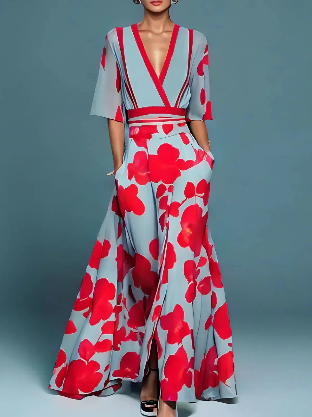 NOUVEAU RICHE Maxikleid Blumenmuster Fließende Silhouette Leichtes Rot