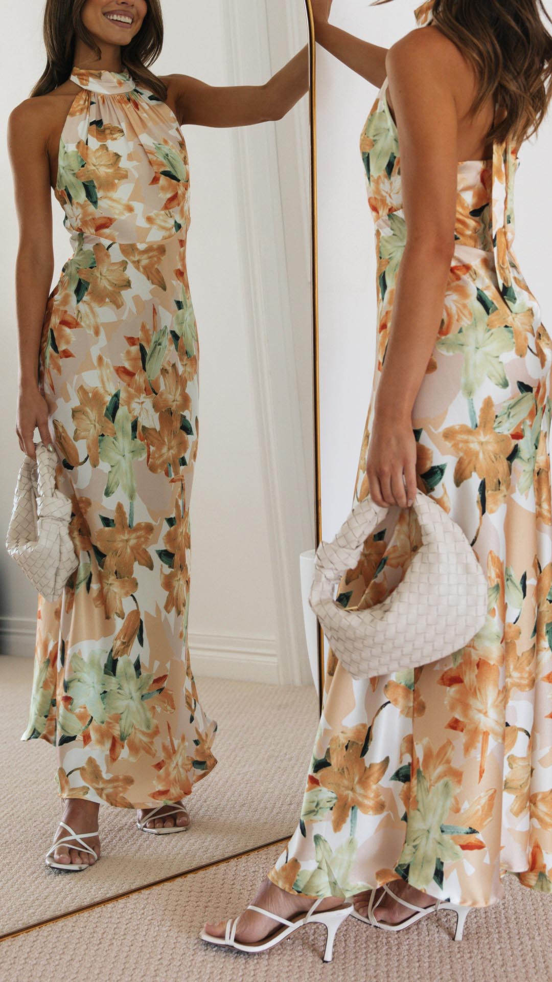 NOUVEAU RICHE Maxikleid Floral Halterneck Offenem Rücken Seidigem Stoff