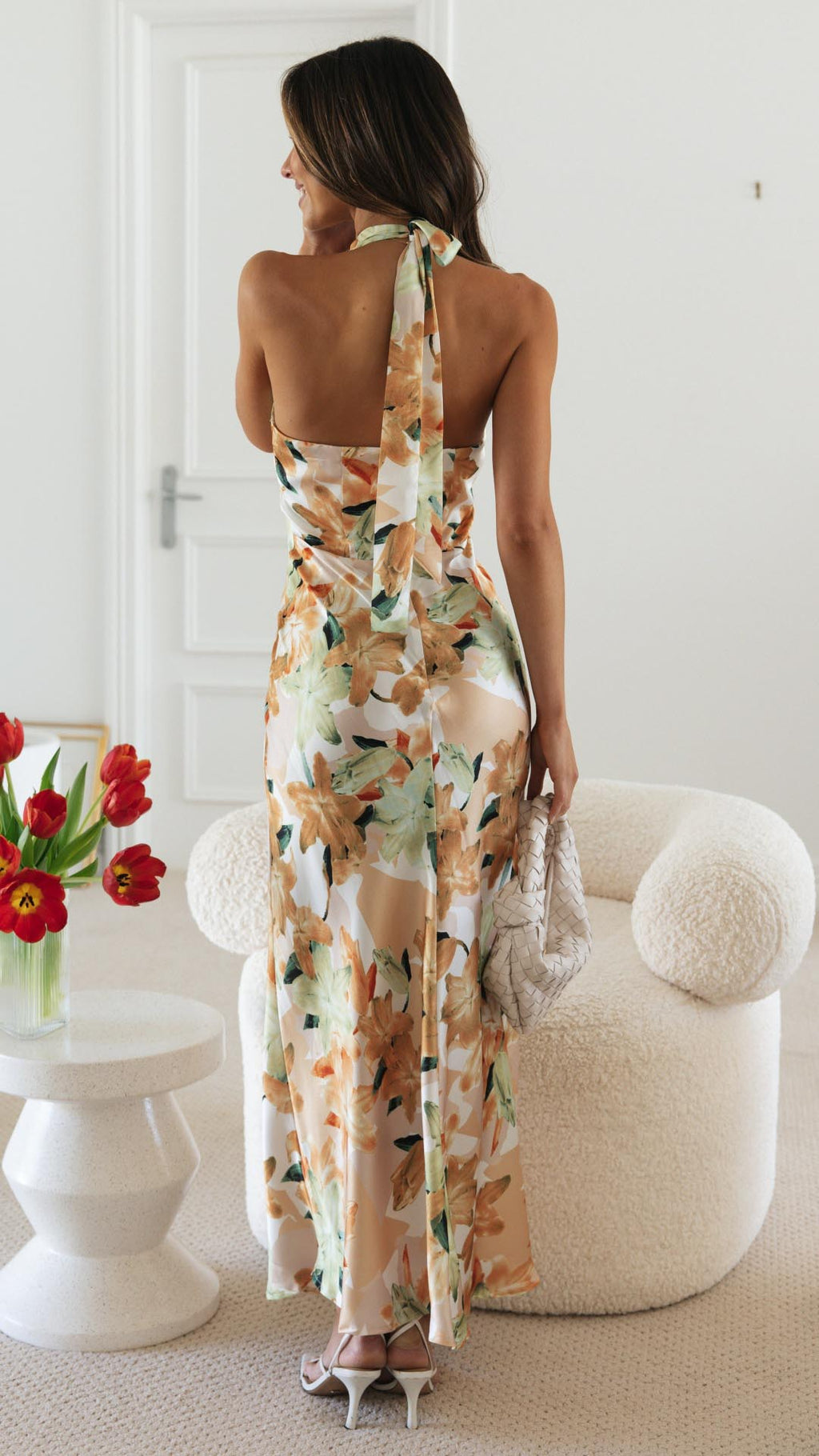 NOUVEAU RICHE Maxikleid Floral Halterneck Offenem Rücken Seidigem Stoff
