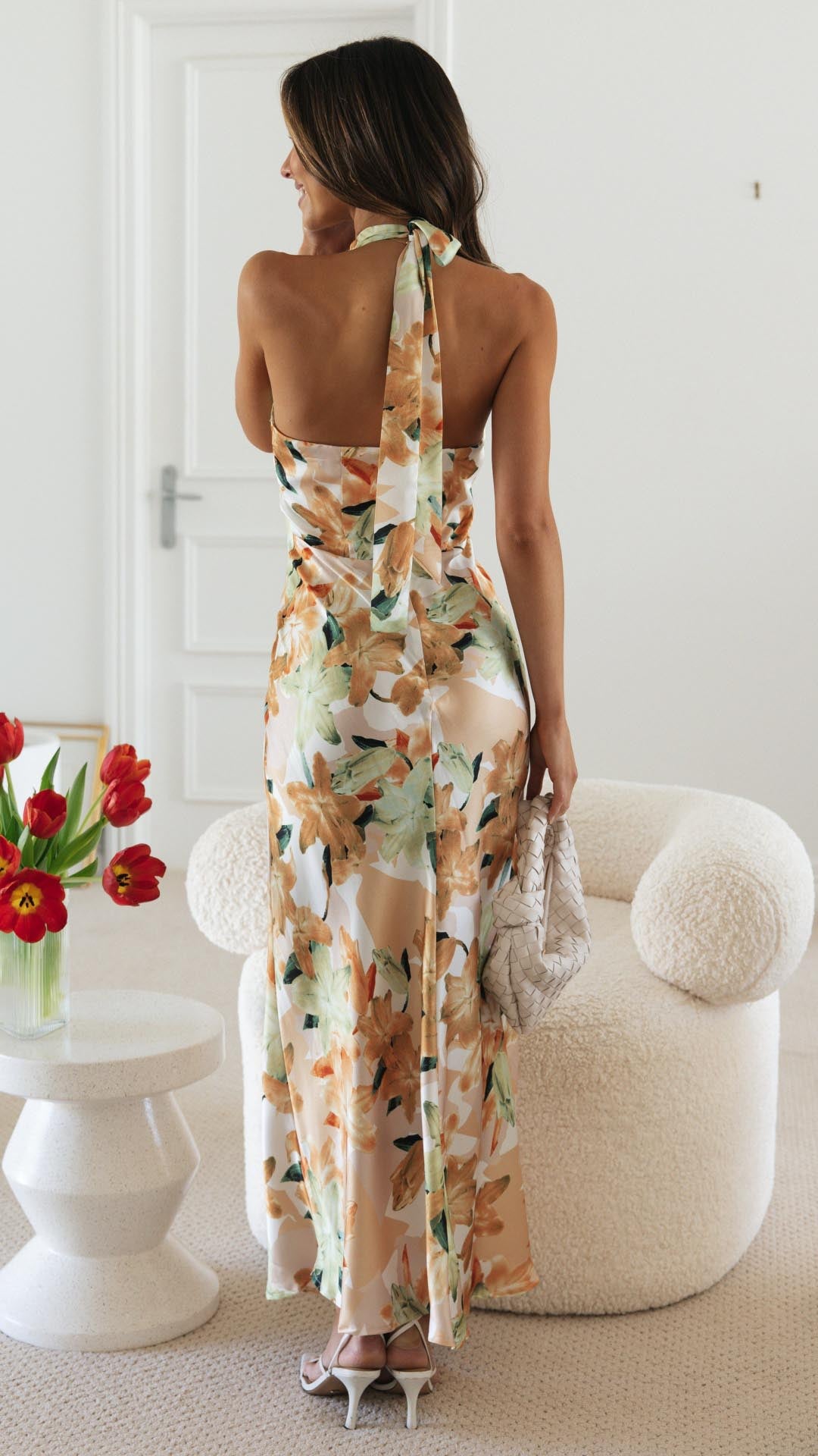 NOUVEAU RICHE Maxikleid Floral Halterneck Offenem Rücken Seidigem Stoff