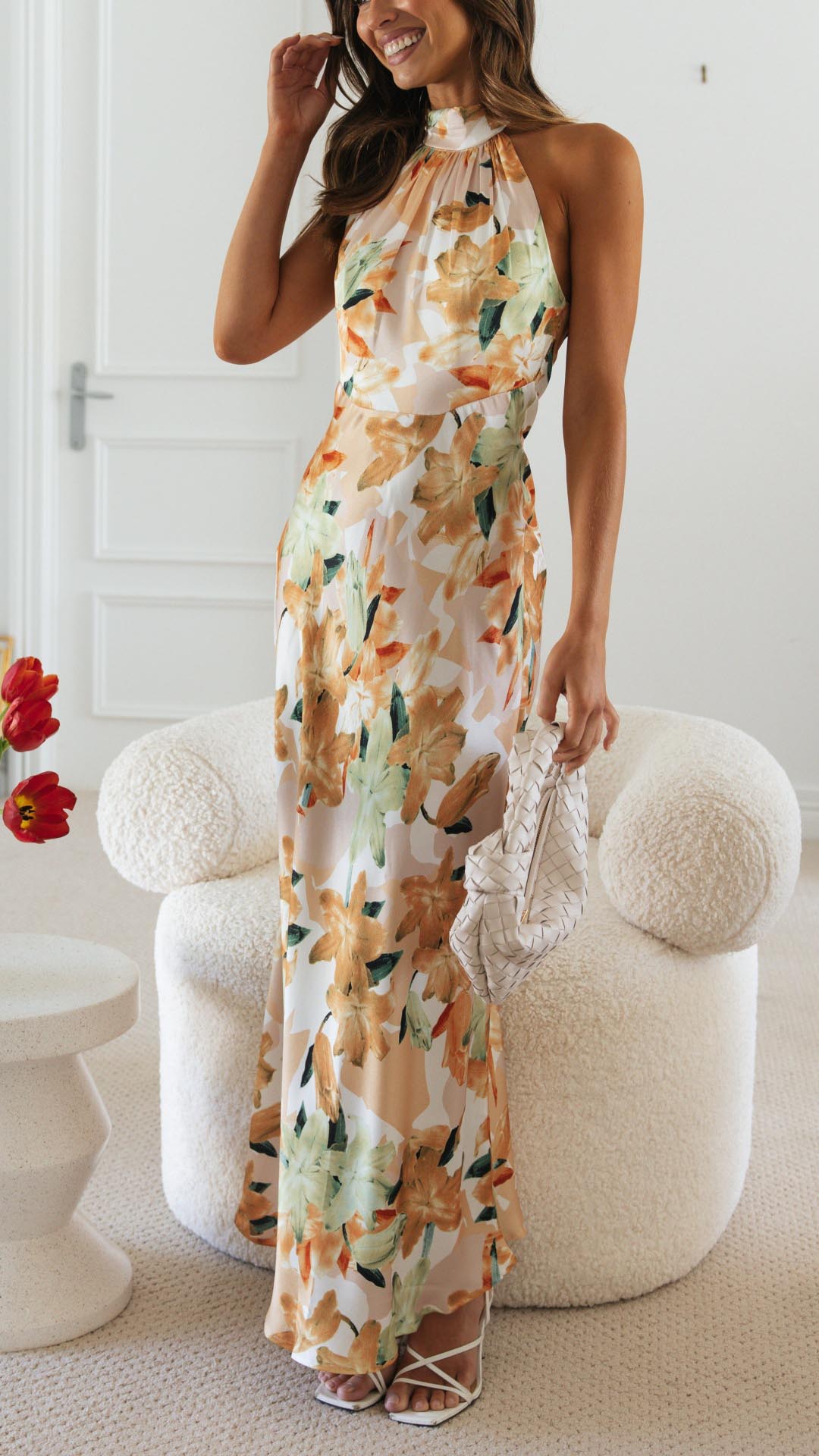 NOUVEAU RICHE Maxikleid Floral Halterneck Offenem Rücken Seidigem Stoff