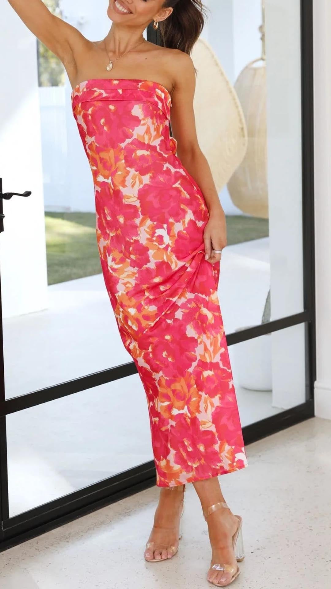 NOUVEAU RICHE Maxikleid Seiden Strapless Gefalteter Offenen Rücken Bustier Rot Floral