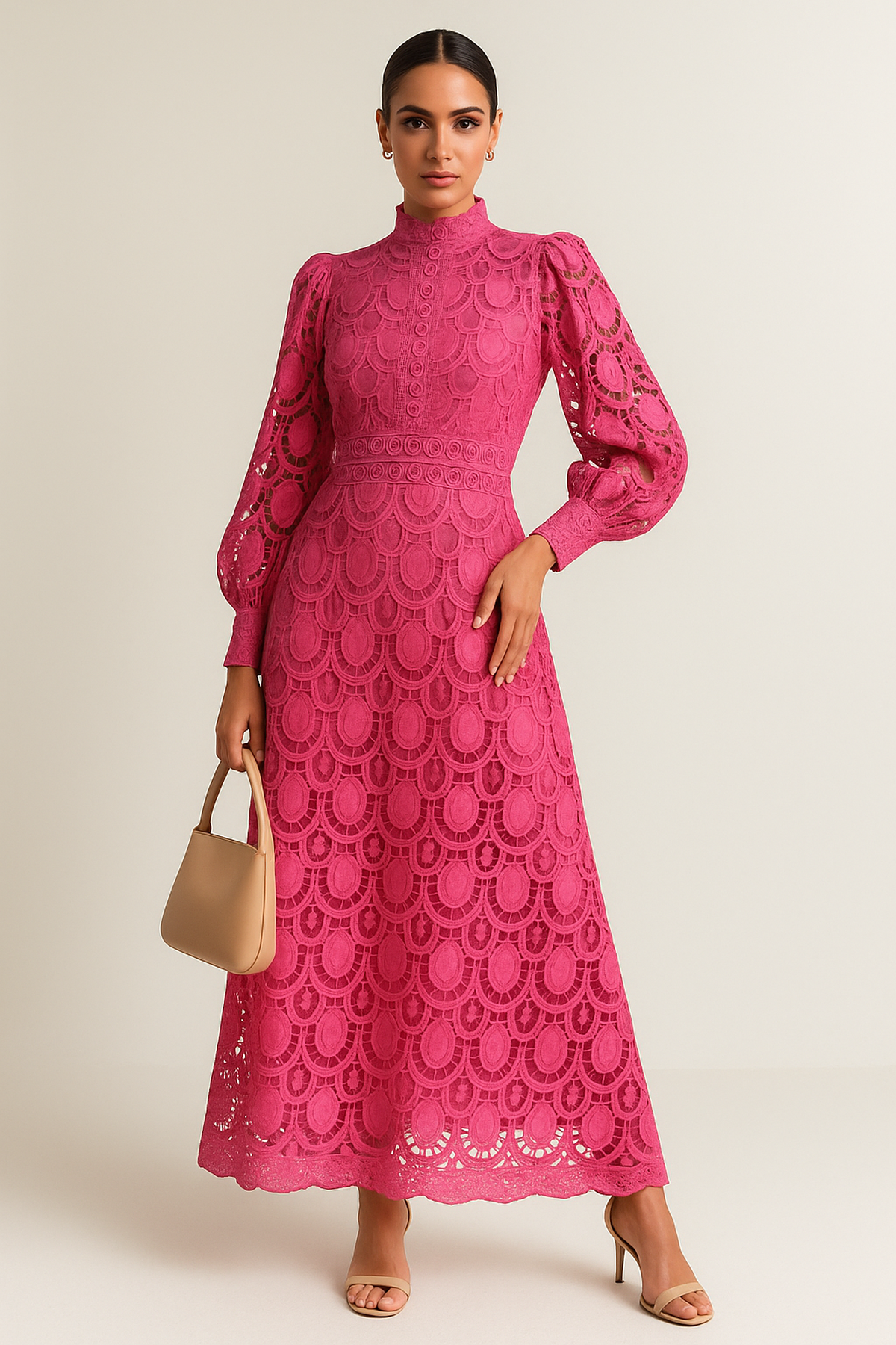 NOUVEAU RICHE Bodenlanges Maxikleid Aus Spitze Mit Laternenärmeln Rosa
