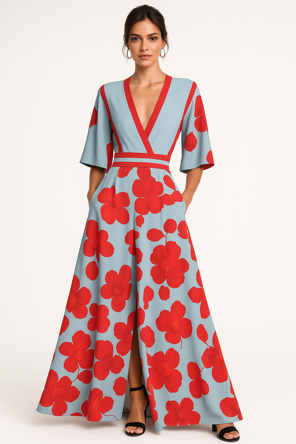 NOUVEAU RICHE Fließendes Maxikleid Mit Blumenmuster, V-Ausschnitt Und Ärmeln Himmelblau