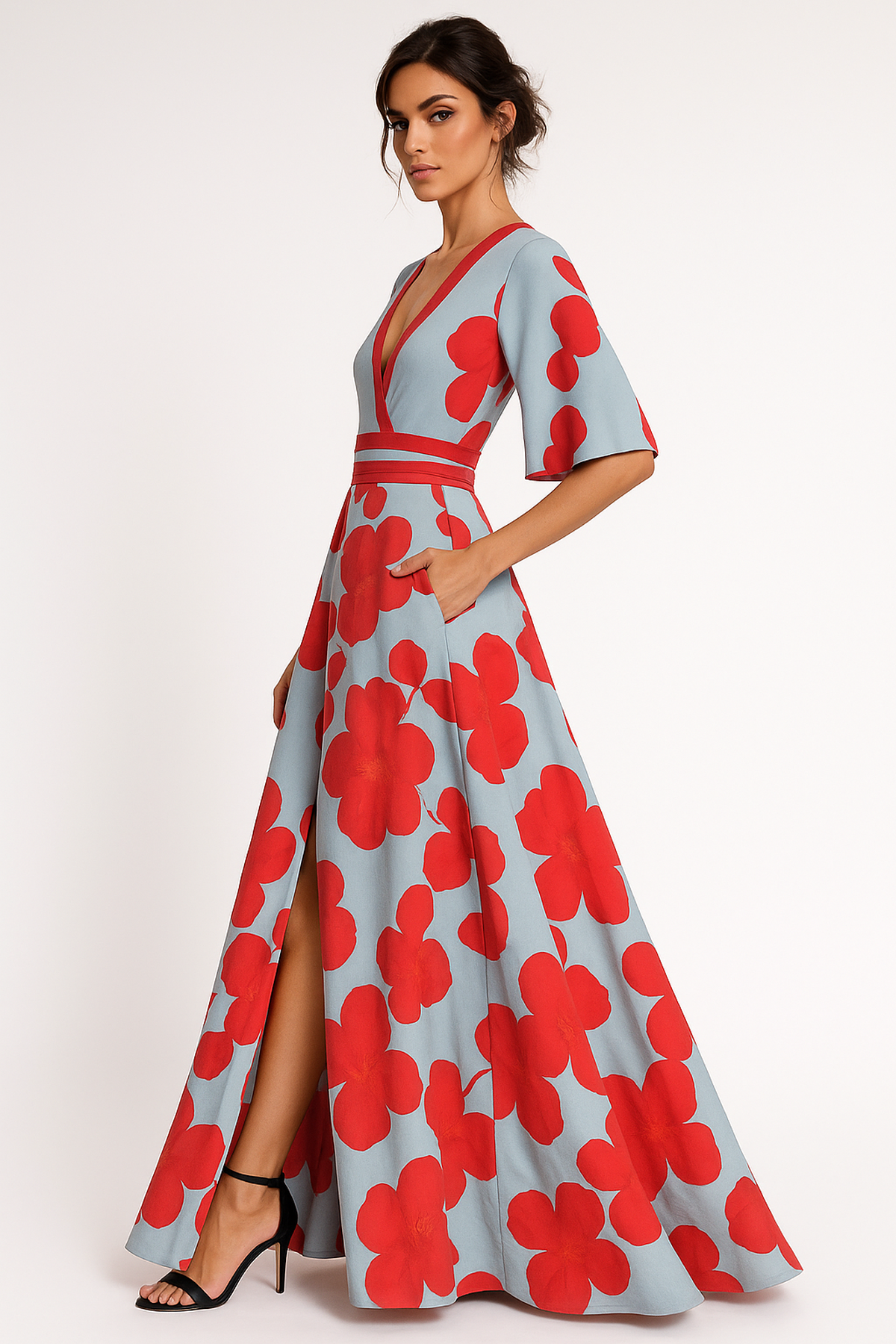NOUVEAU RICHE Fließendes Maxikleid Mit Blumenmuster, V-Ausschnitt Und Ärmeln