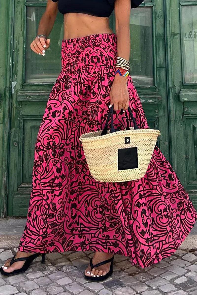 NOUVEAU RICHE Maxirock Für Damen Mit Fließendem Schnitt Lange Länge Elastische Taille Auffälliges Muster Elegantes Design Ideal Für Freizeit Und Anlass Rot