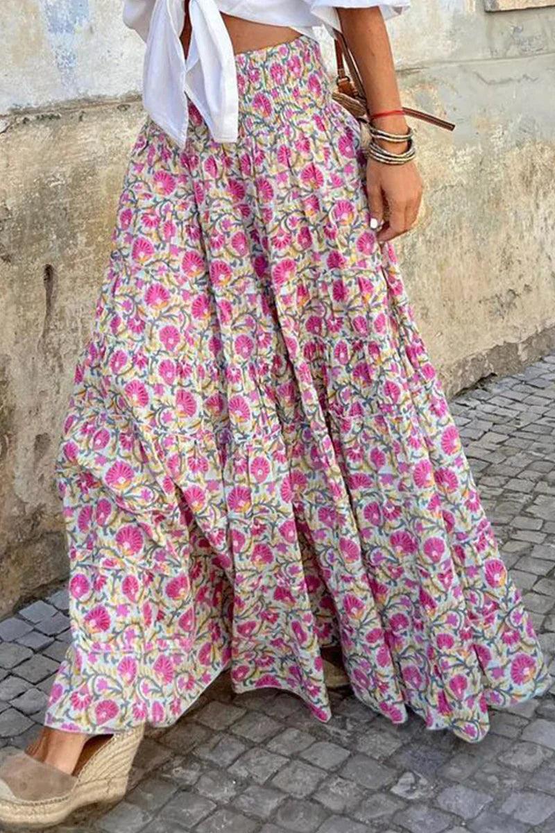 NOUVEAU RICHE Maxirock Für Damen Mit Fließendem Schnitt Lange Länge Elastische Taille Auffälliges Muster Elegantes Design Ideal Für Freizeit Und Anlass Hellrosa