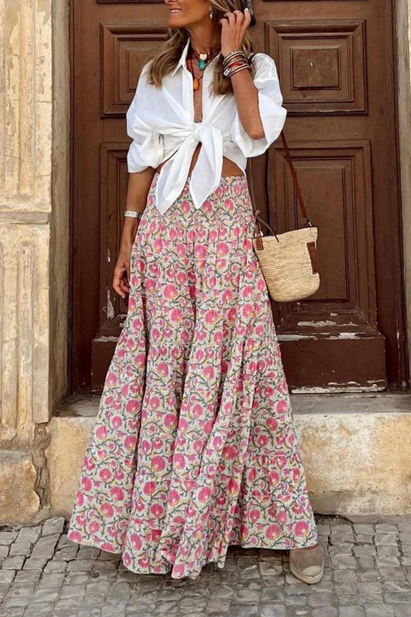 NOUVEAU RICHE Maxirock Für Damen Mit Fließendem Schnitt Lange Länge Elastische Taille Auffälliges Muster Elegantes Design Ideal Für Freizeit Und Anlass