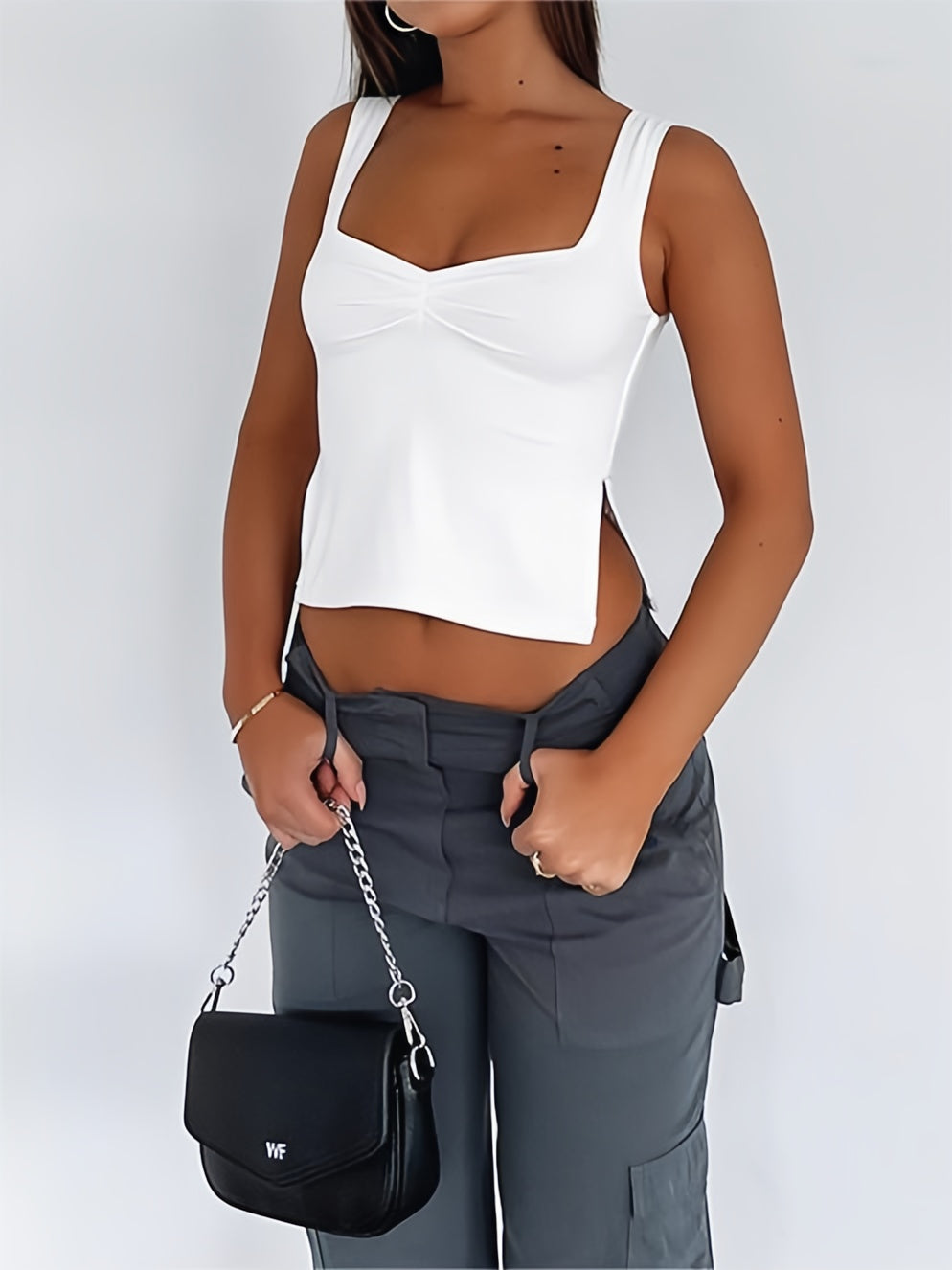 NOUVEAU RICHE Mehrfarbiges Plissiertes Ärmellose Crop Tanktop Mit Schlitz