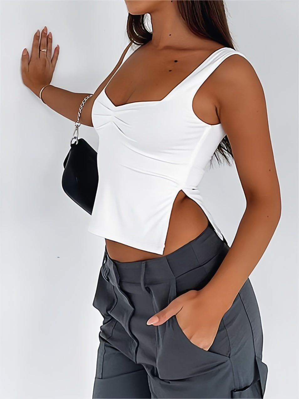 NOUVEAU RICHE Mehrfarbiges Plissiertes Ärmellose Crop Tanktop Mit Schlitz
