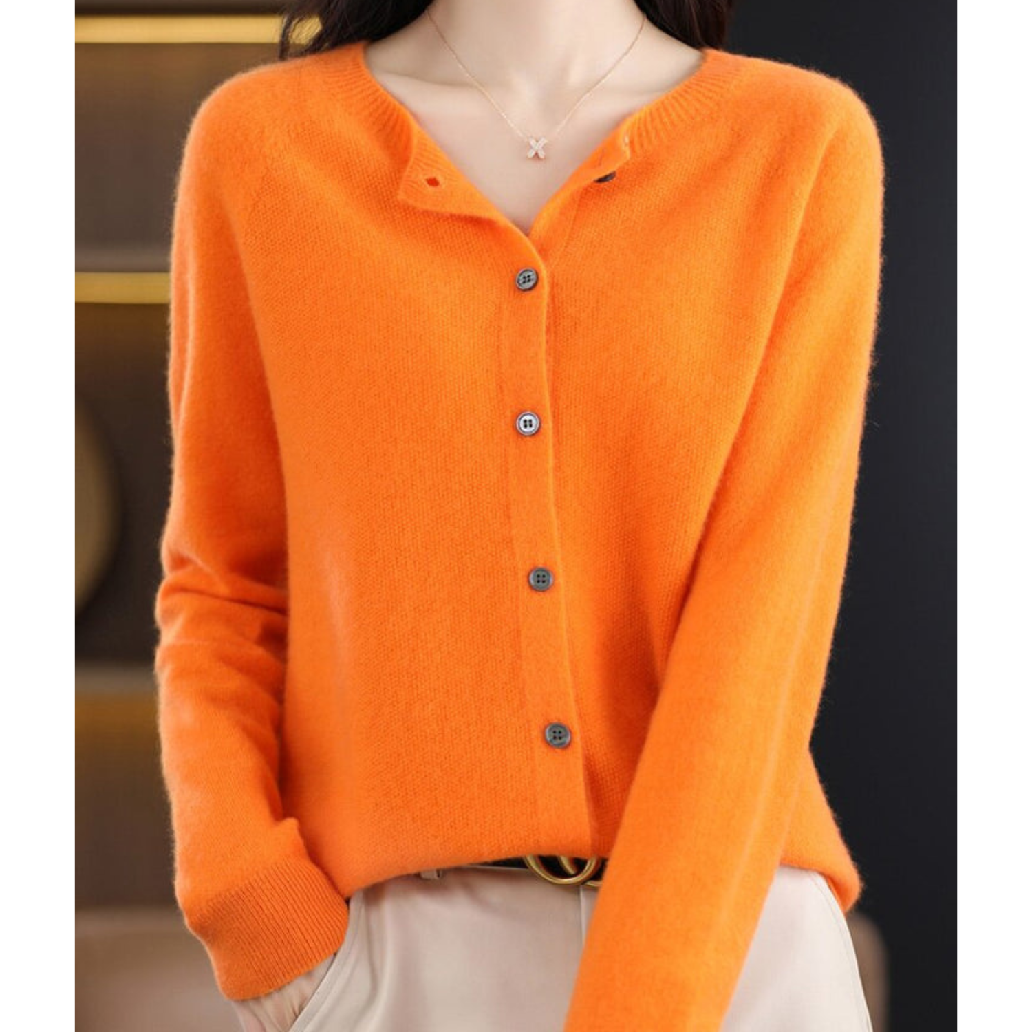 NOUVEAU RICHE Merino Damen Cardigan O Hals Weich Warm Vielseitig Orange