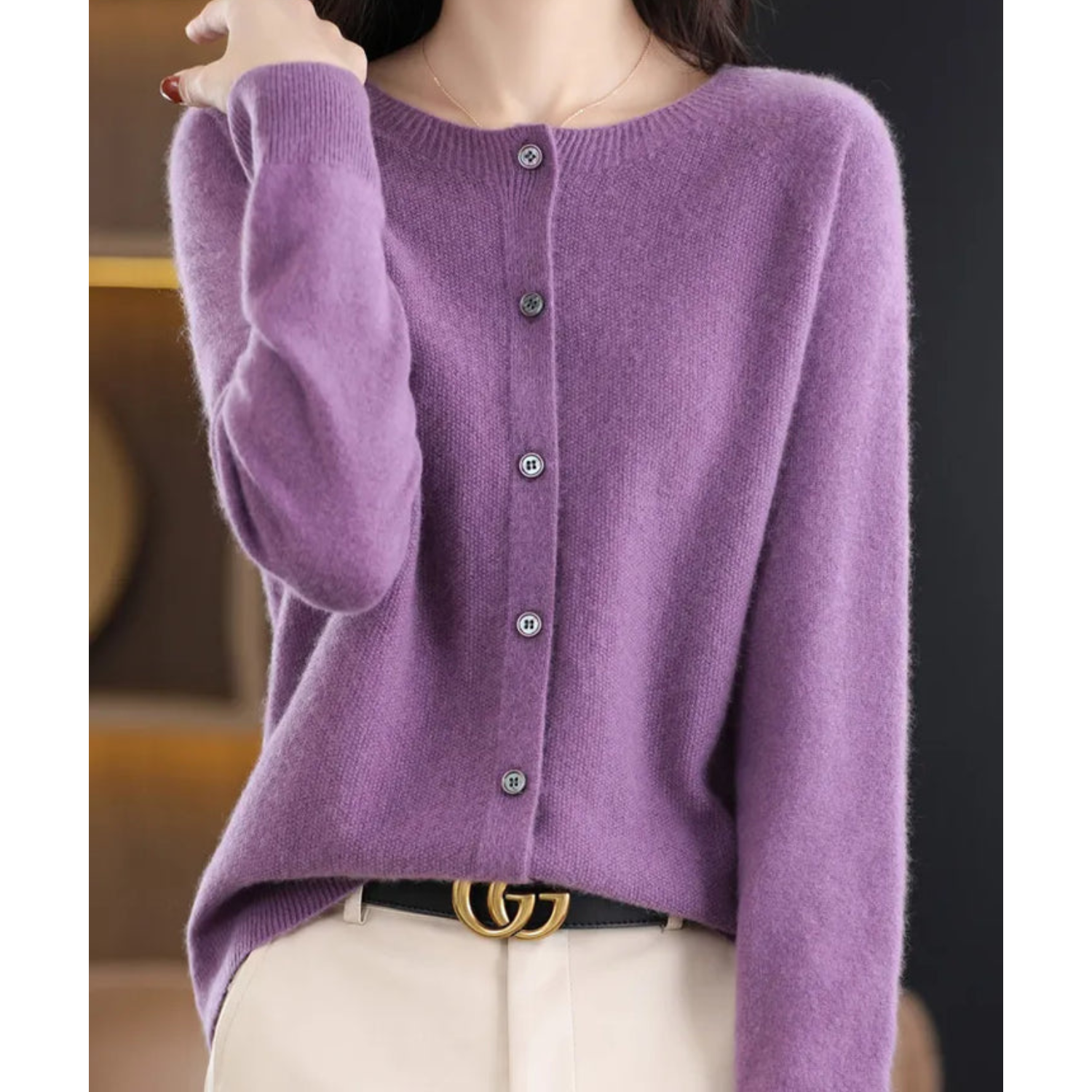 NOUVEAU RICHE Merino Damen Cardigan O Hals Weich Warm Vielseitig Lila