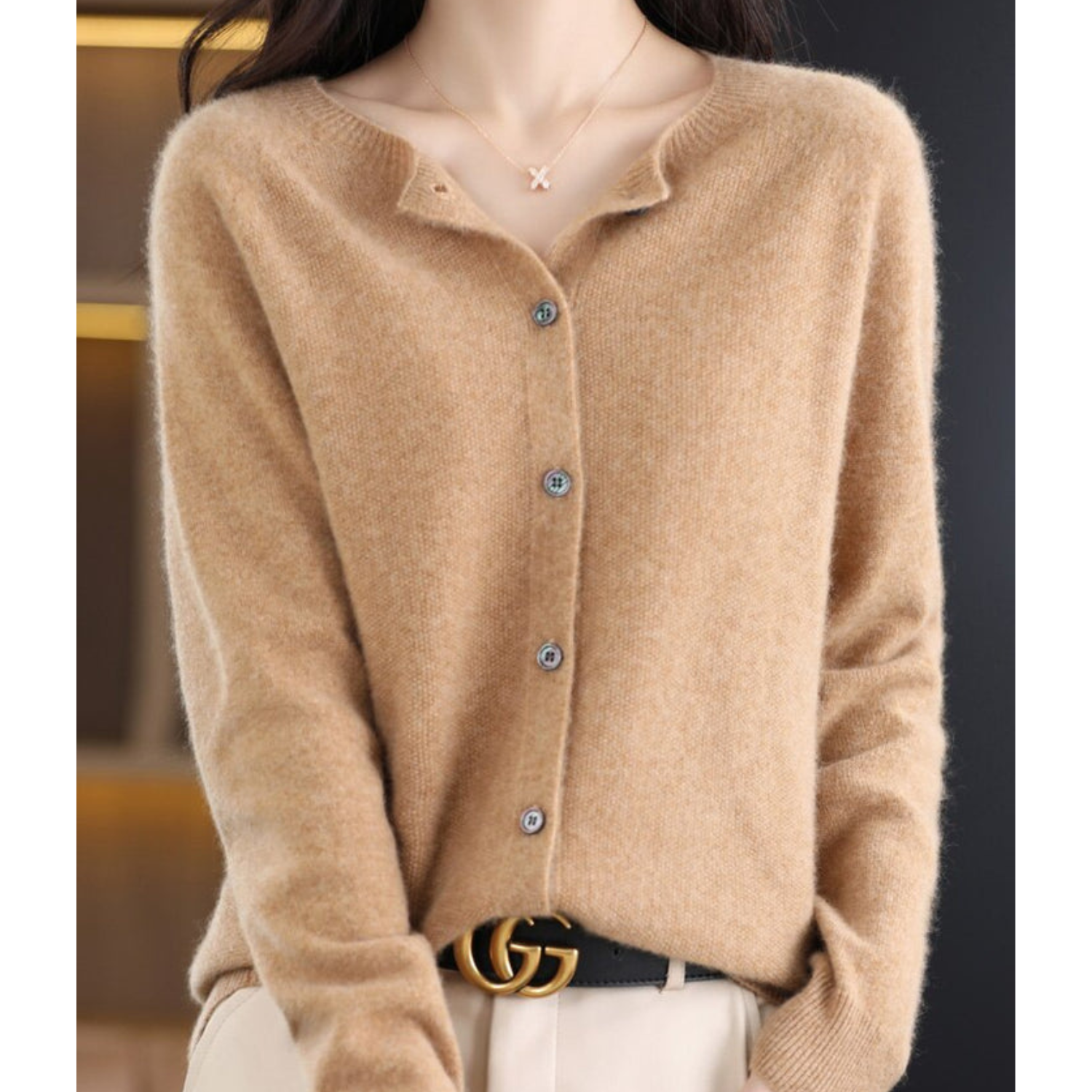 NOUVEAU RICHE Merino Damen Cardigan O Hals Weich Warm Vielseitig Hellbraun