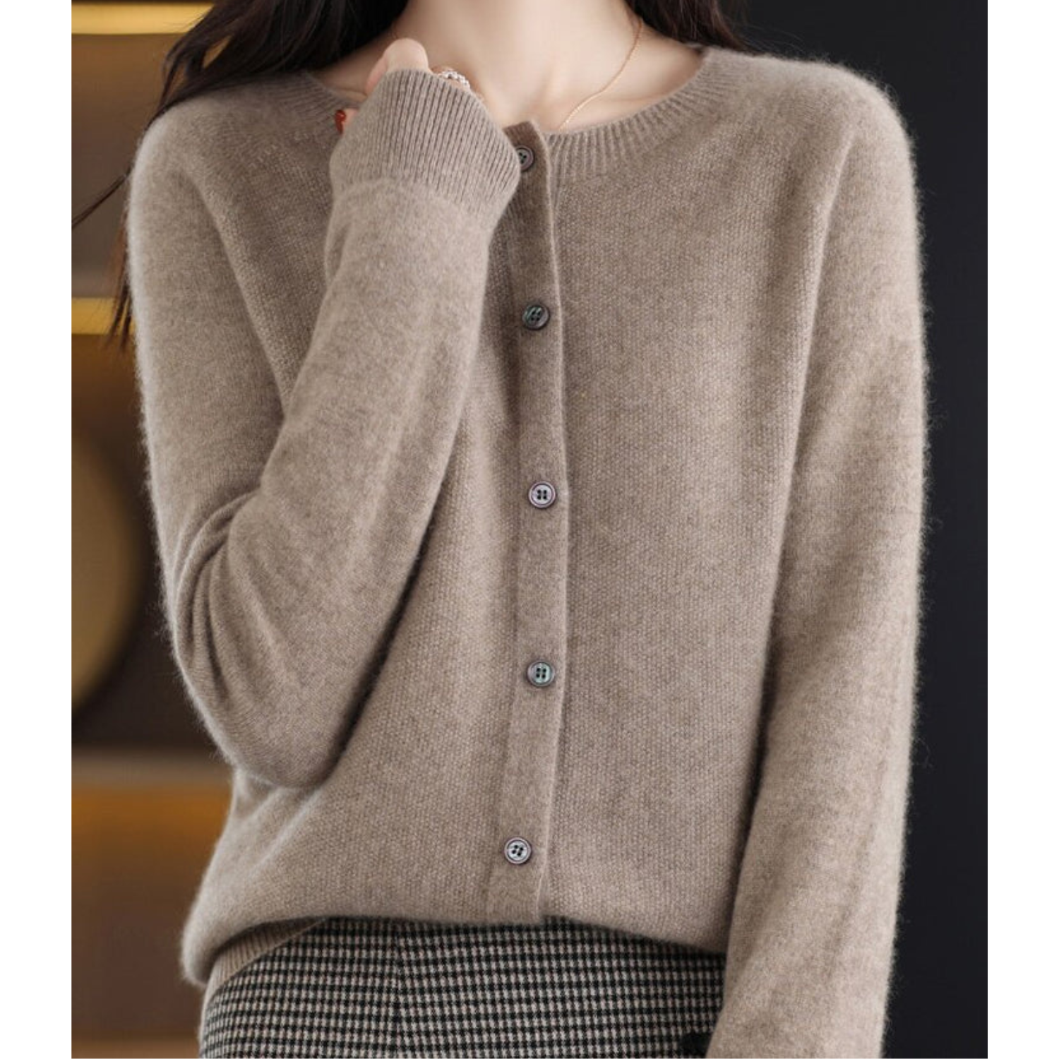 NOUVEAU RICHE Merino Damen Cardigan O Hals Weich Warm Vielseitig Braun