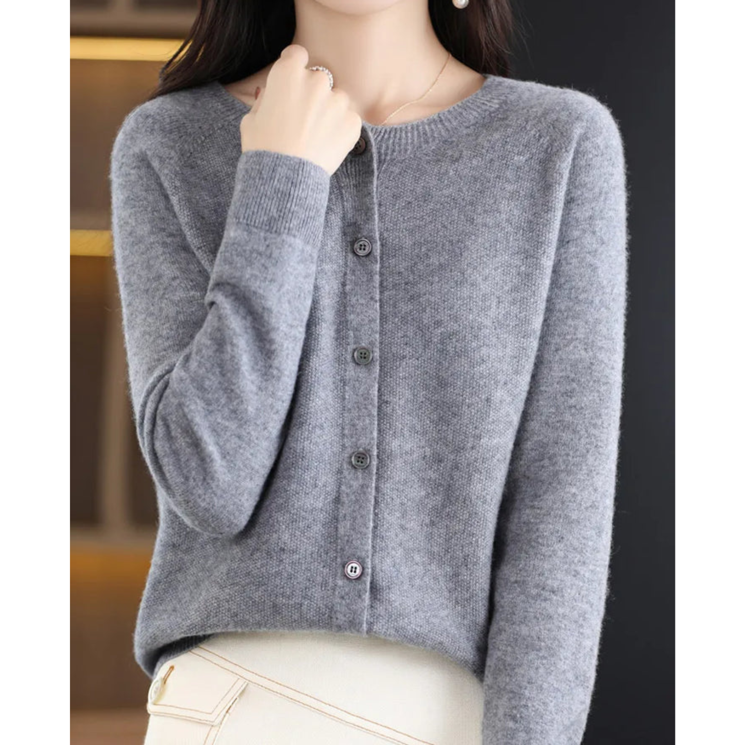 NOUVEAU RICHE Merino Damen Cardigan O Hals Weich Warm Vielseitig Grau