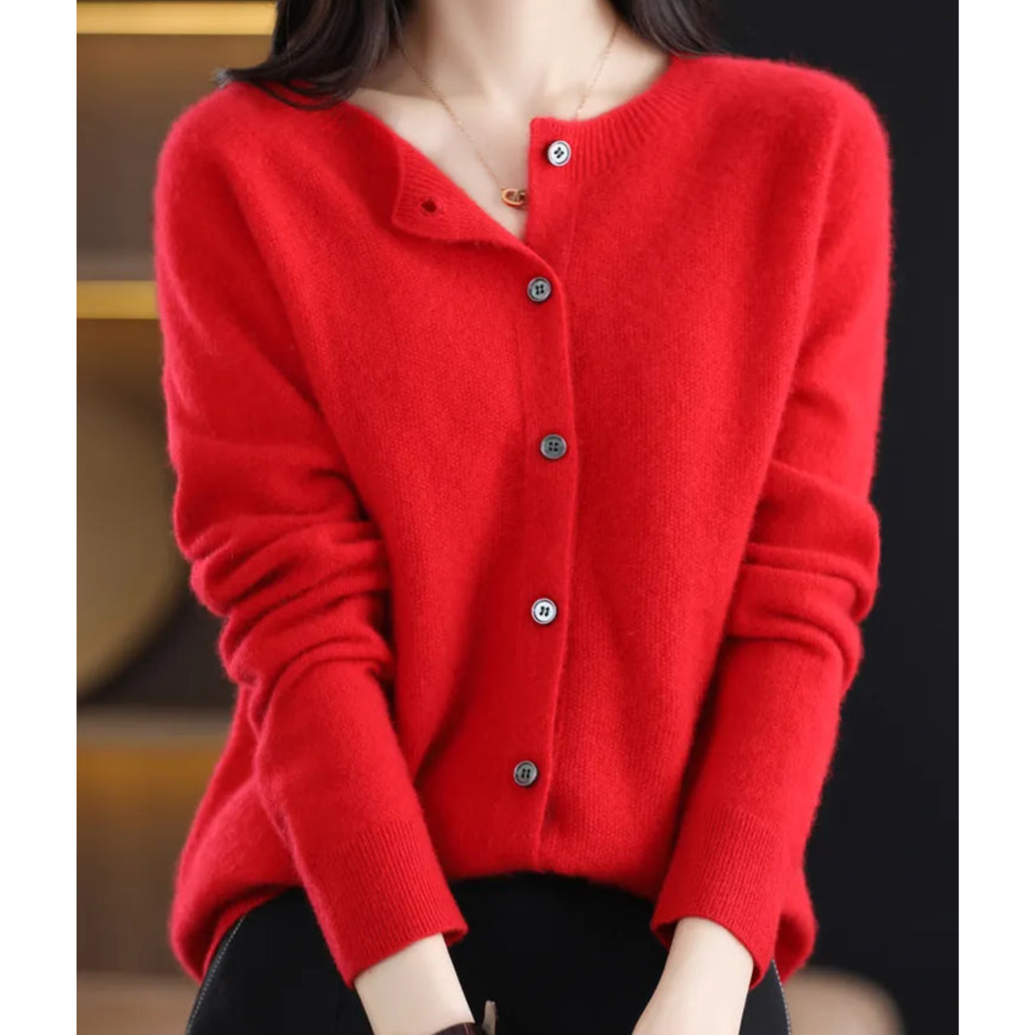 NOUVEAU RICHE Merino Damen Cardigan O Hals Weich Warm Vielseitig Rot