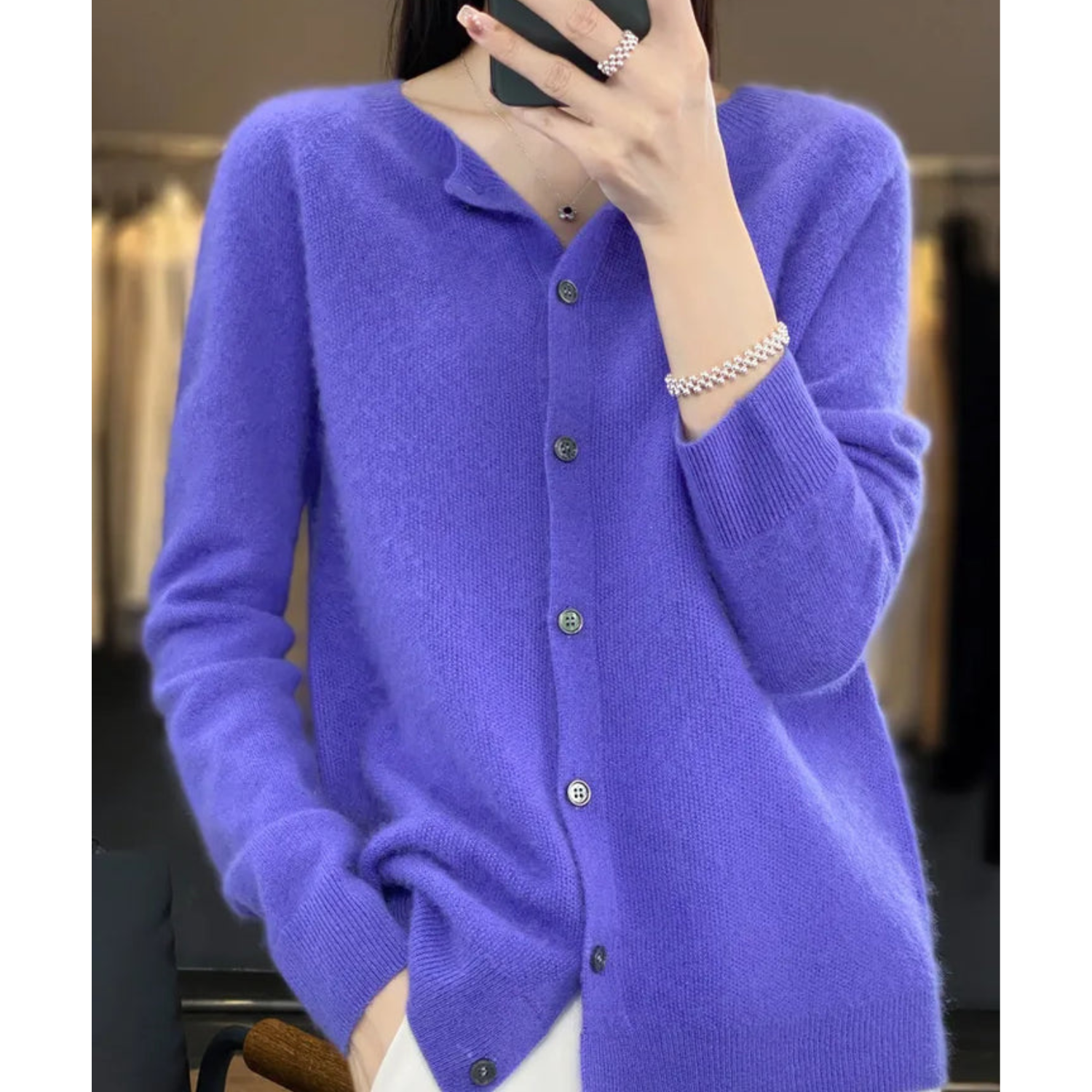 NOUVEAU RICHE Merino Damen Cardigan O Hals Weich Warm Vielseitig Dunkelblau