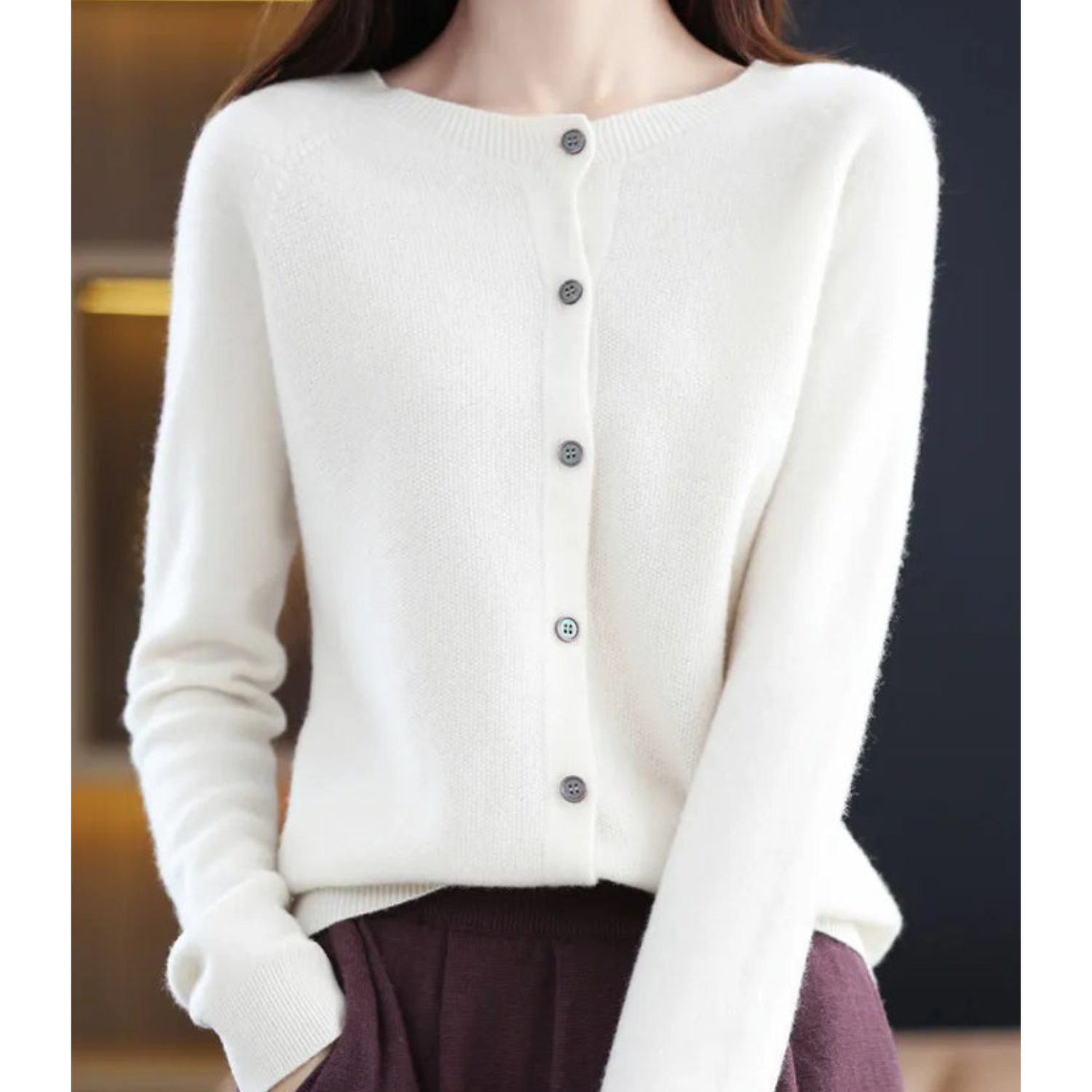 NOUVEAU RICHE Merino Damen Cardigan O Hals Weich Warm Vielseitig Weiß