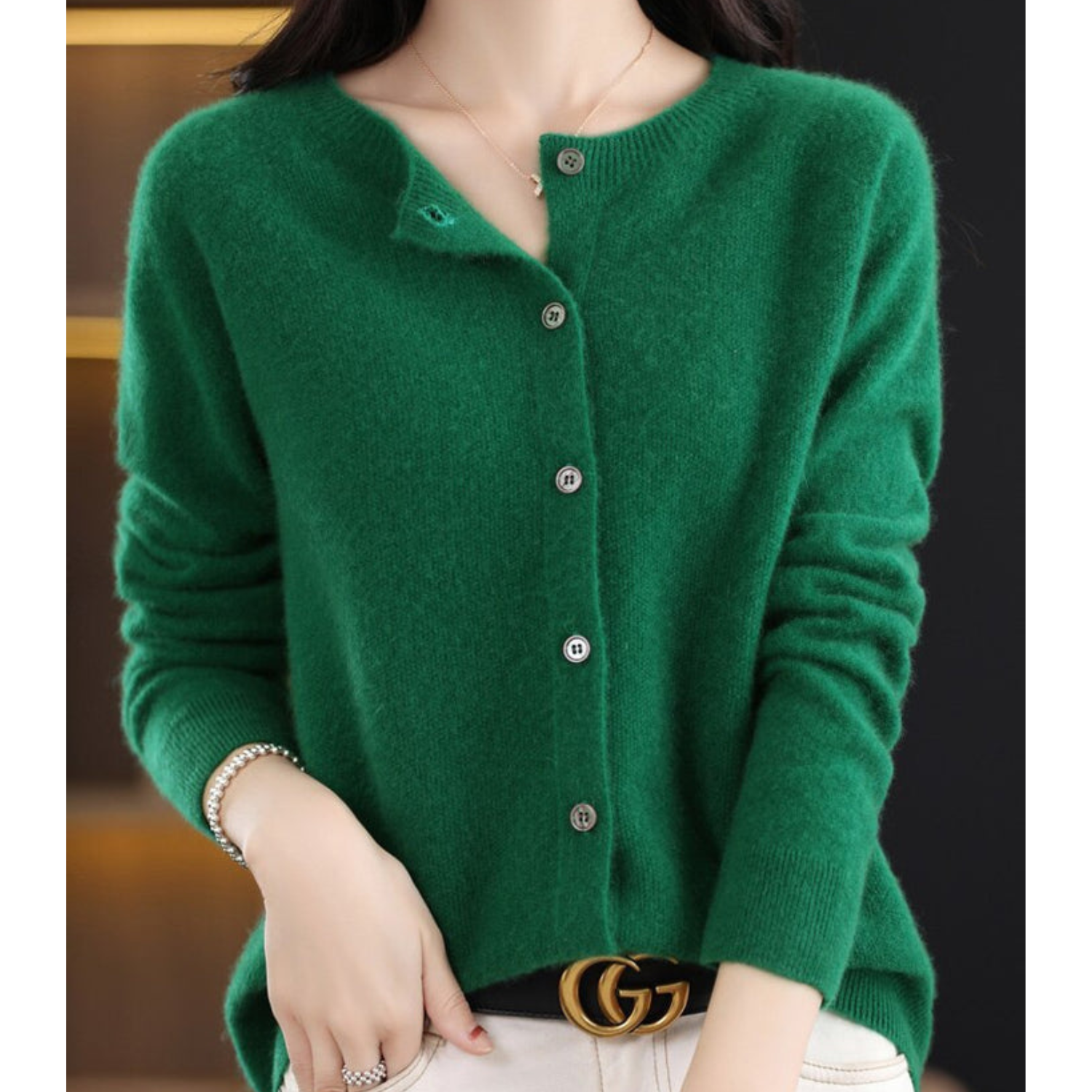NOUVEAU RICHE Merino Damen Cardigan O Hals Weich Warm Vielseitig Dunkelgrün