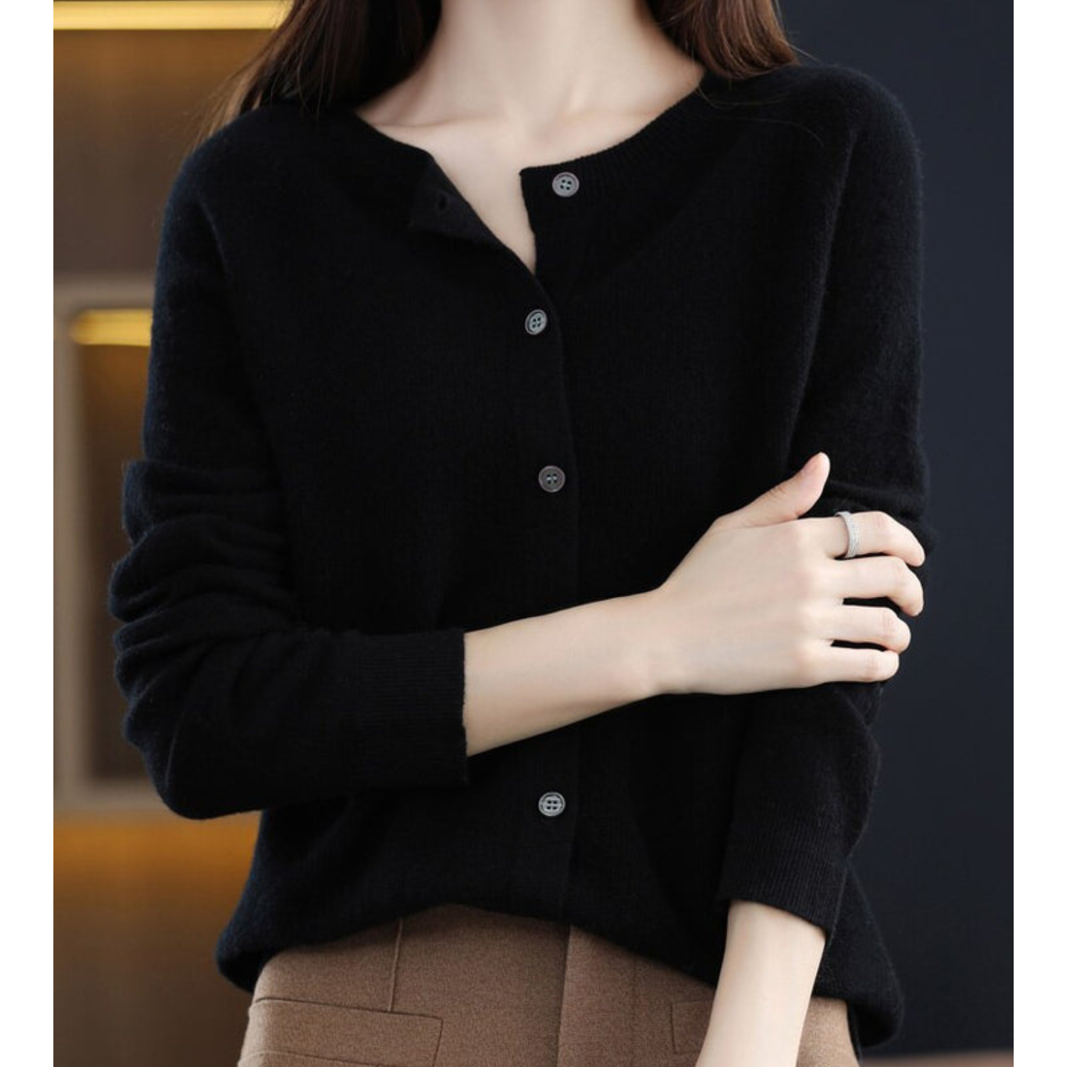 NOUVEAU RICHE Merino Damen Cardigan O Hals Weich Warm Vielseitig Schwarz