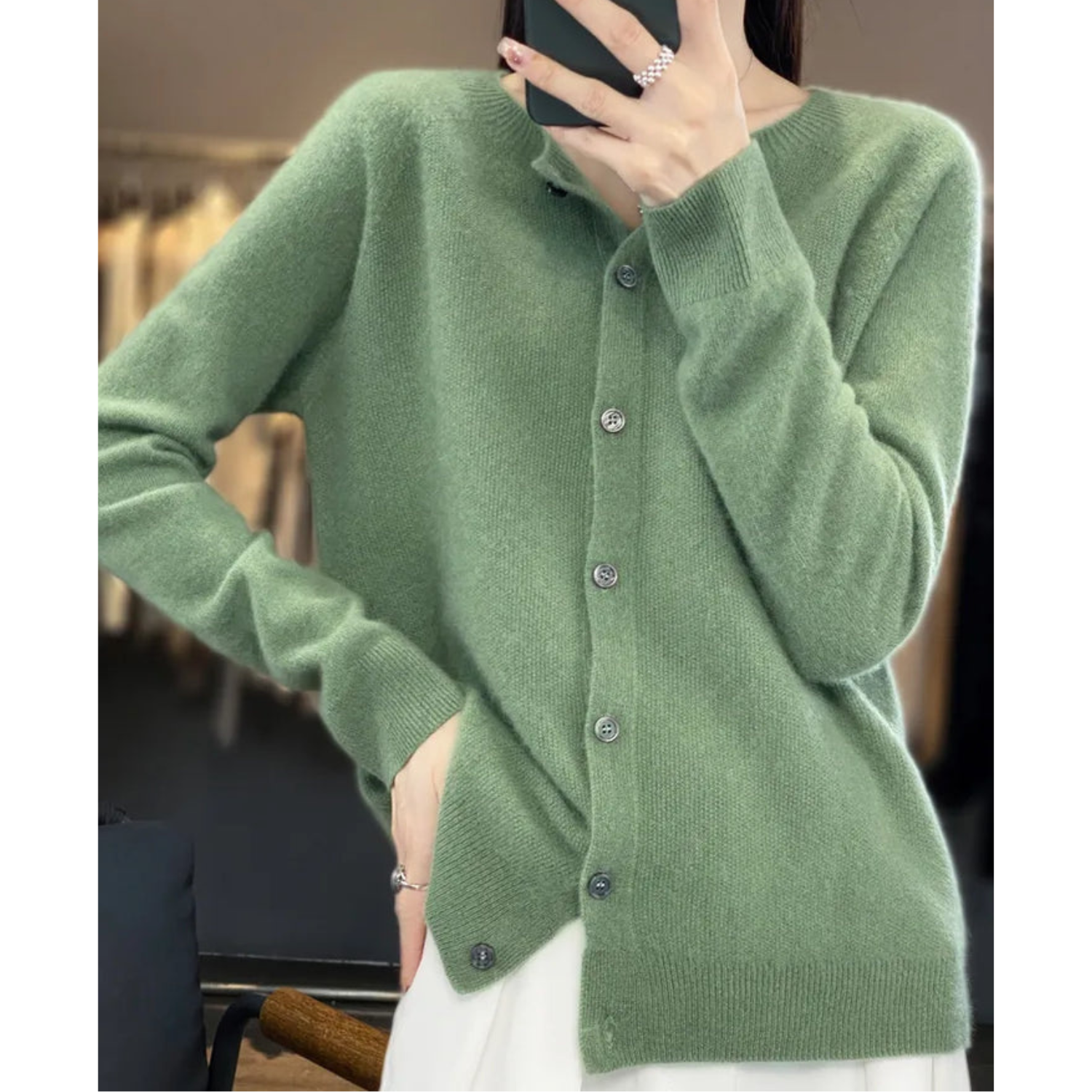 NOUVEAU RICHE Merino Damen Cardigan O Hals Weich Warm Vielseitig Hellgrün
