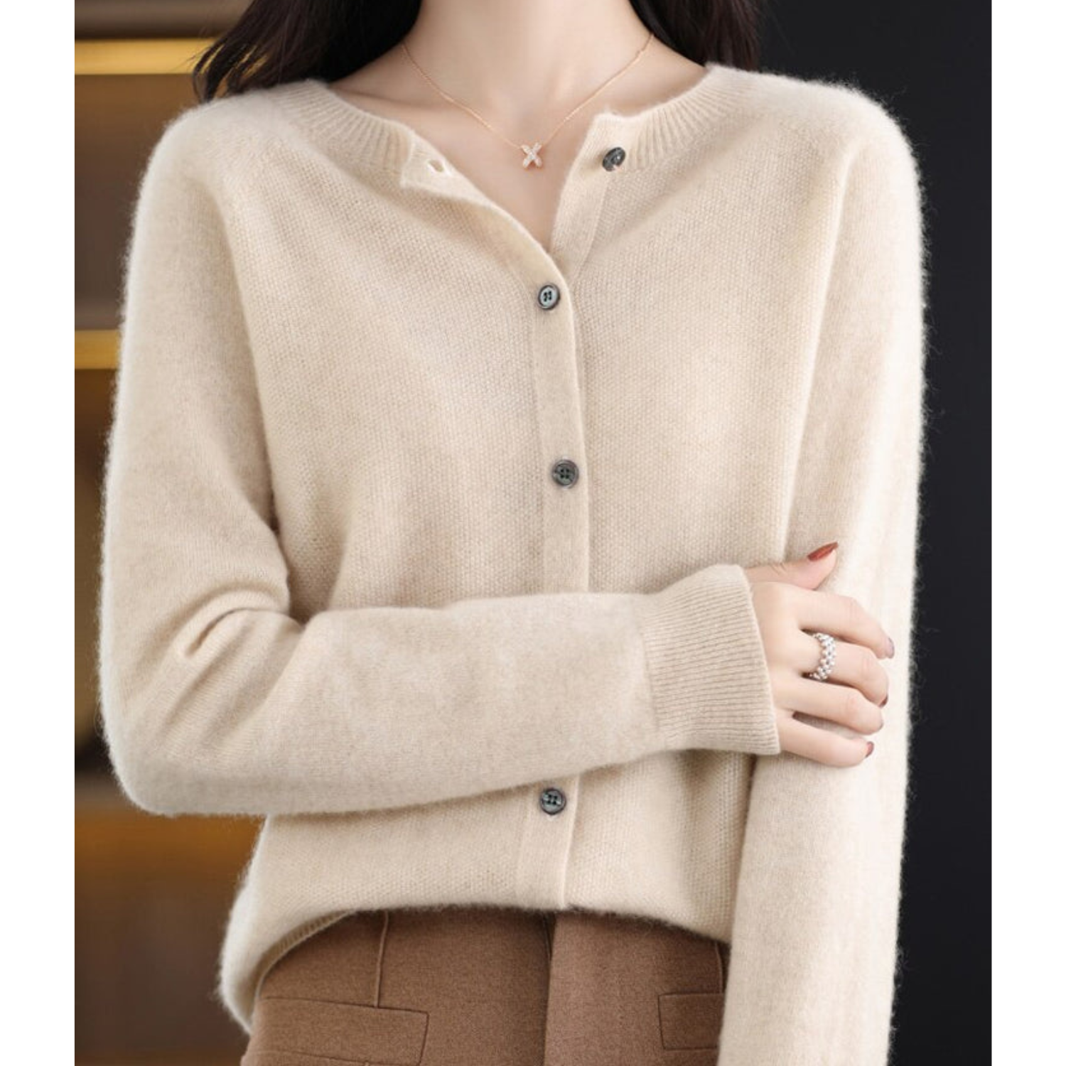 NOUVEAU RICHE Merino Damen Cardigan O Hals Weich Warm Vielseitig Khaki