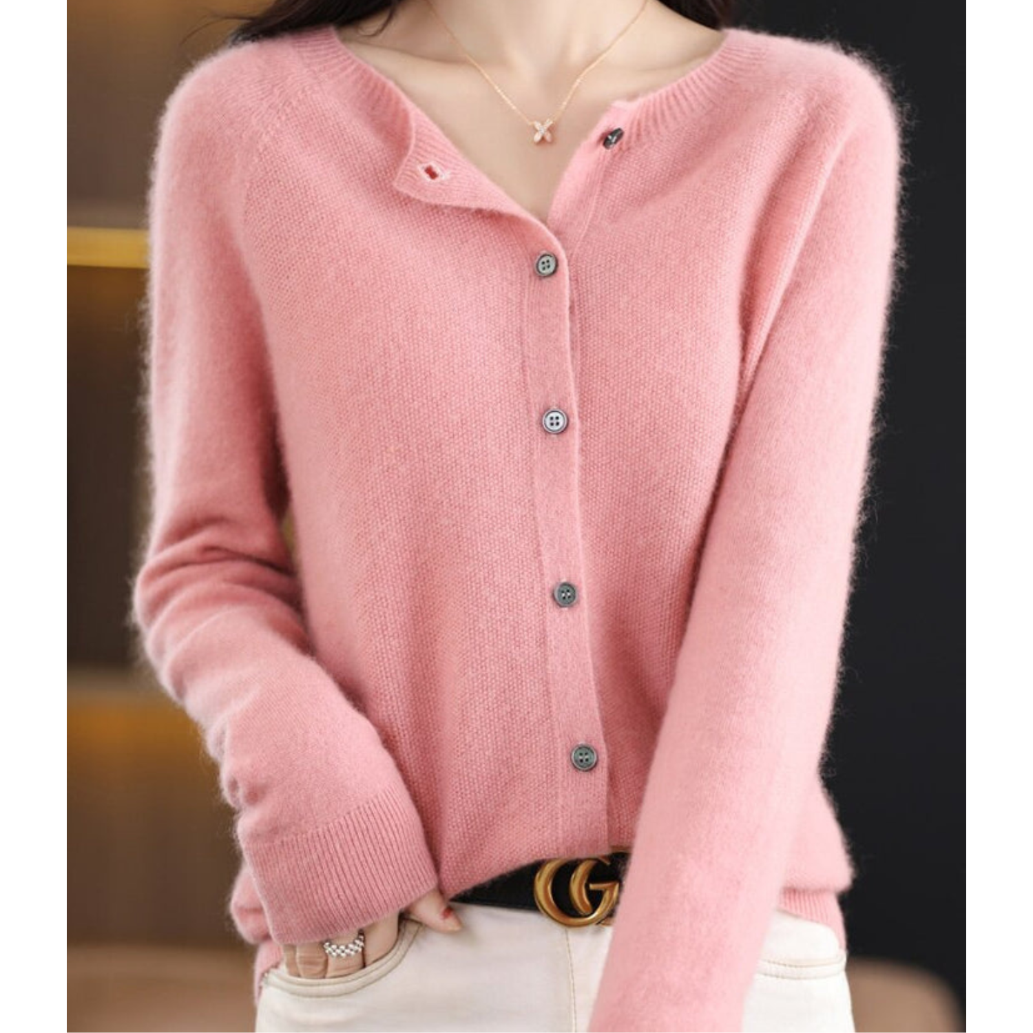 NOUVEAU RICHE Merino Damen Cardigan O Hals Weich Warm Vielseitig Hellrosa