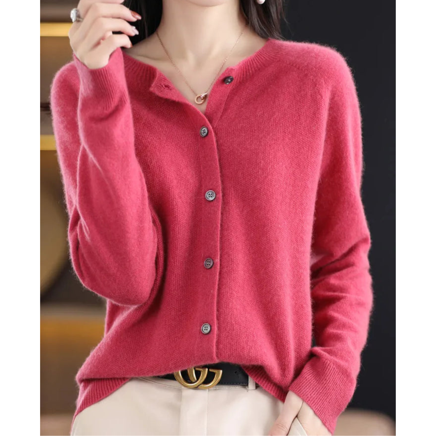NOUVEAU RICHE Merino Damen Cardigan O Hals Weich Warm Vielseitig Dunkelrosa