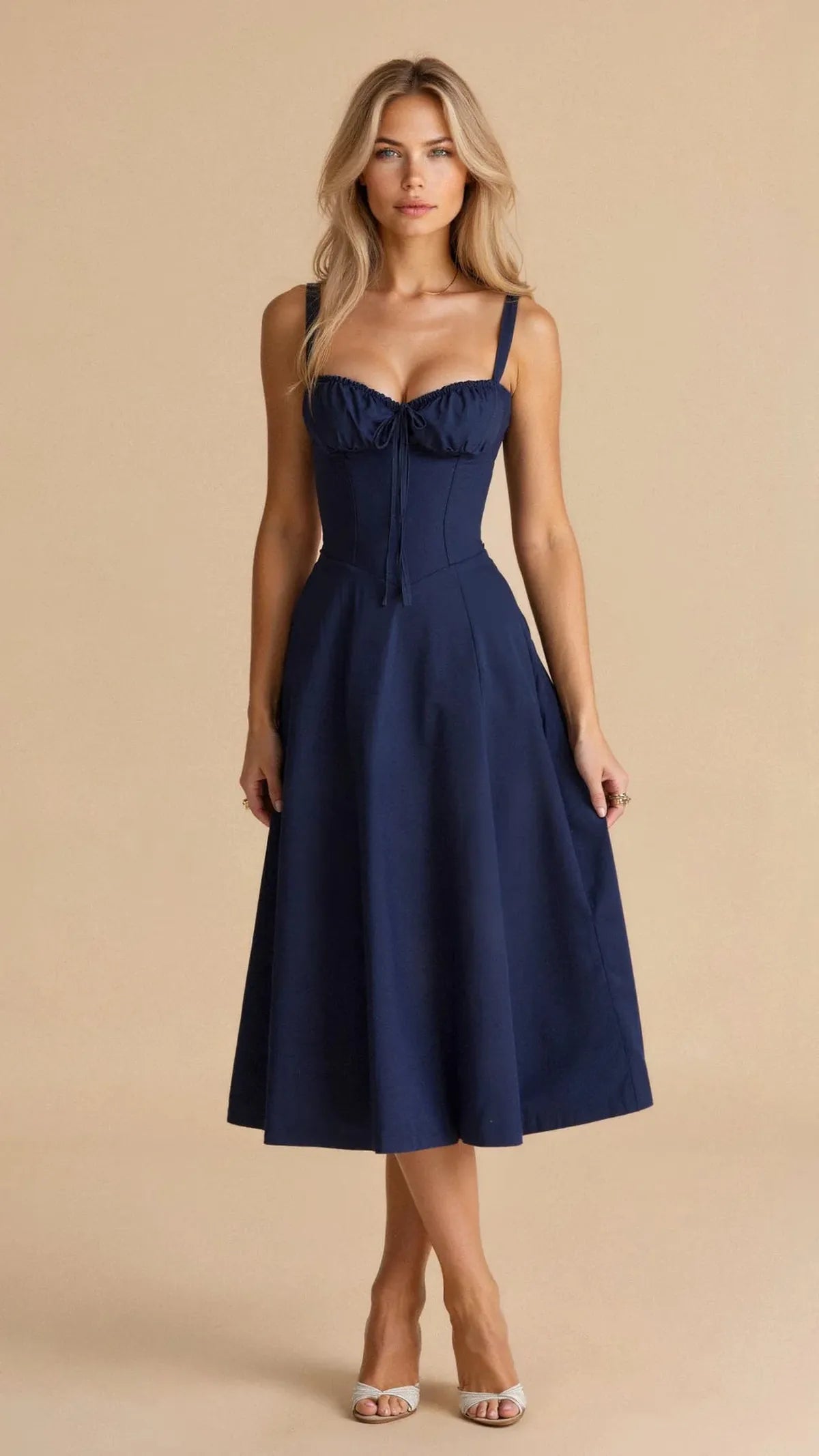 NOUVEAU RICHE Verstellbares Herzförmiges Midi-Taillenkleid mit Korsettrücken Marineblau