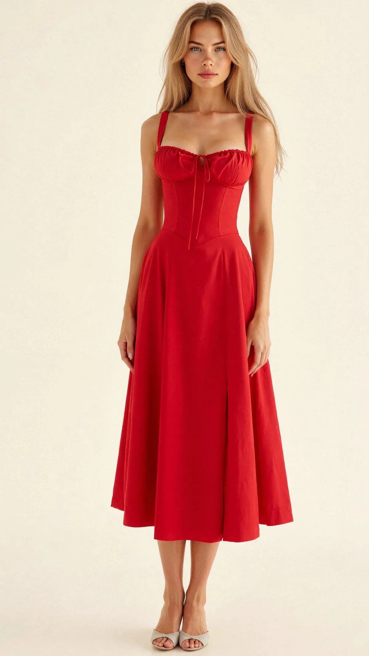 NOUVEAU RICHE Verstellbares Herzförmiges Midi-Taillenkleid mit Korsettrücken Rot