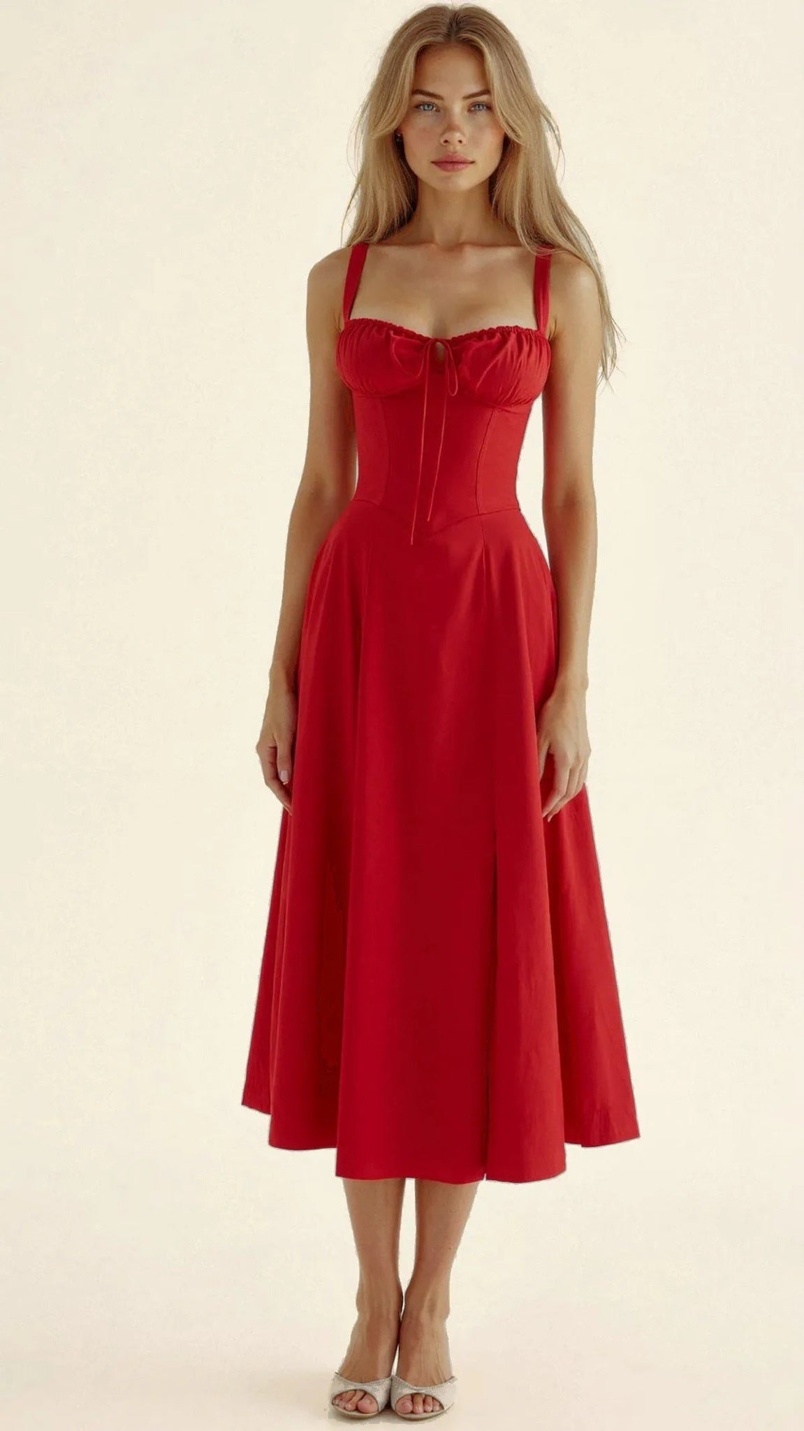NOUVEAU RICHE Verstellbares Herzförmiges Midi-Taillenkleid mit Korsettrücken Rot