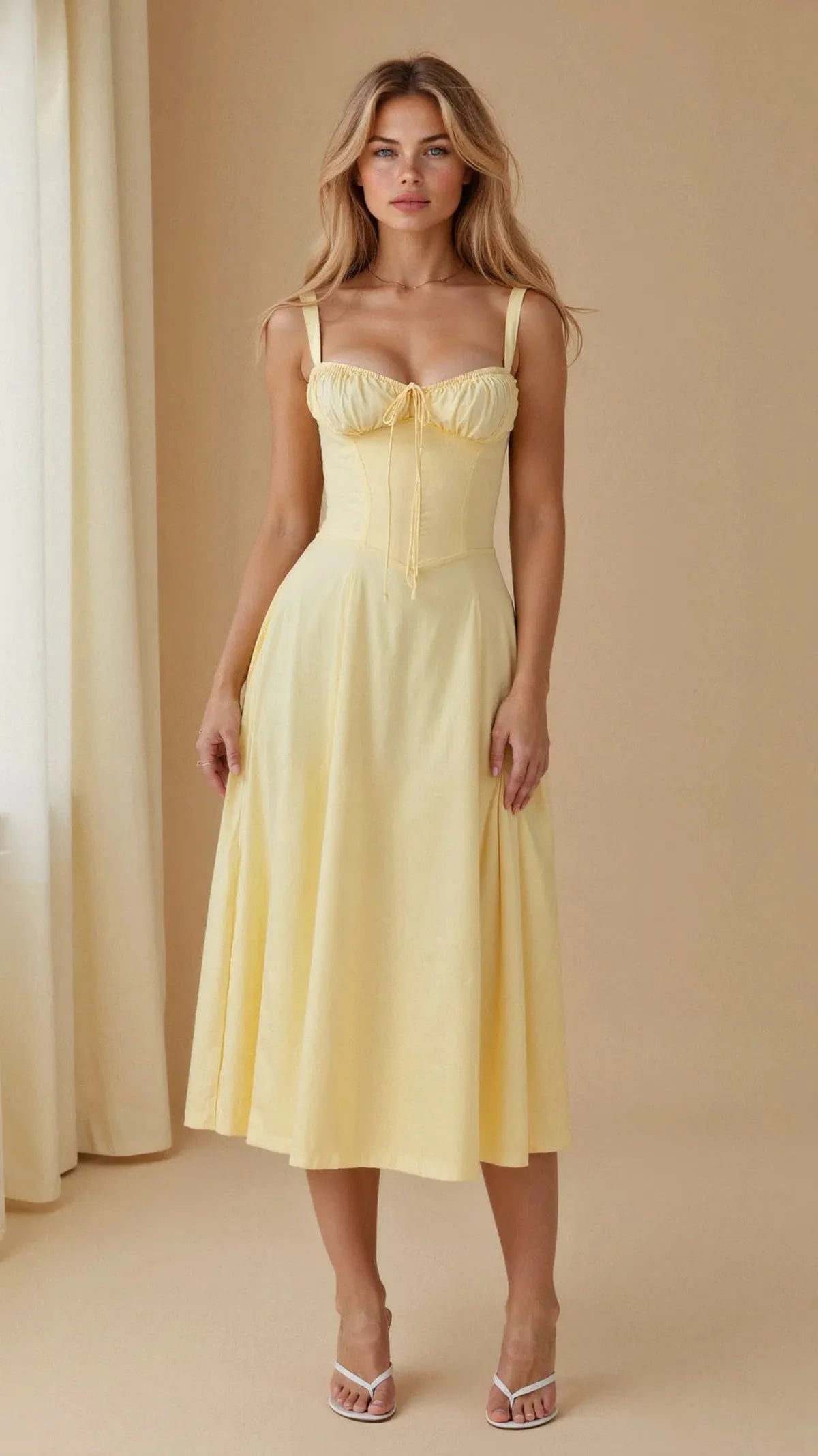 NOUVEAU RICHE Verstellbares Herzförmiges Midi-Taillenkleid mit Korsettrücken Gelb