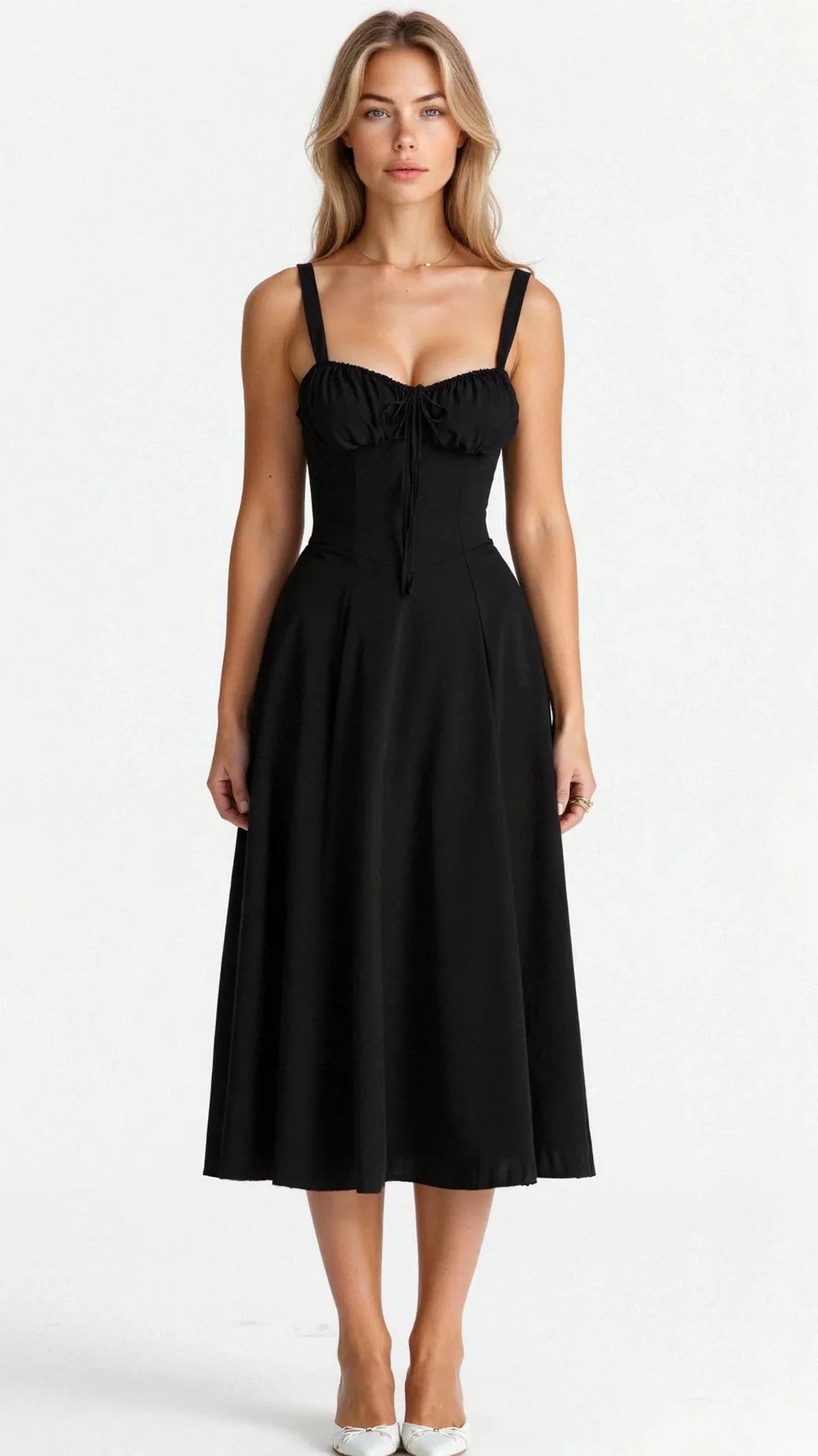 NOUVEAU RICHE Verstellbares Herzförmiges Midi-Taillenkleid mit Korsettrücken Schwarz