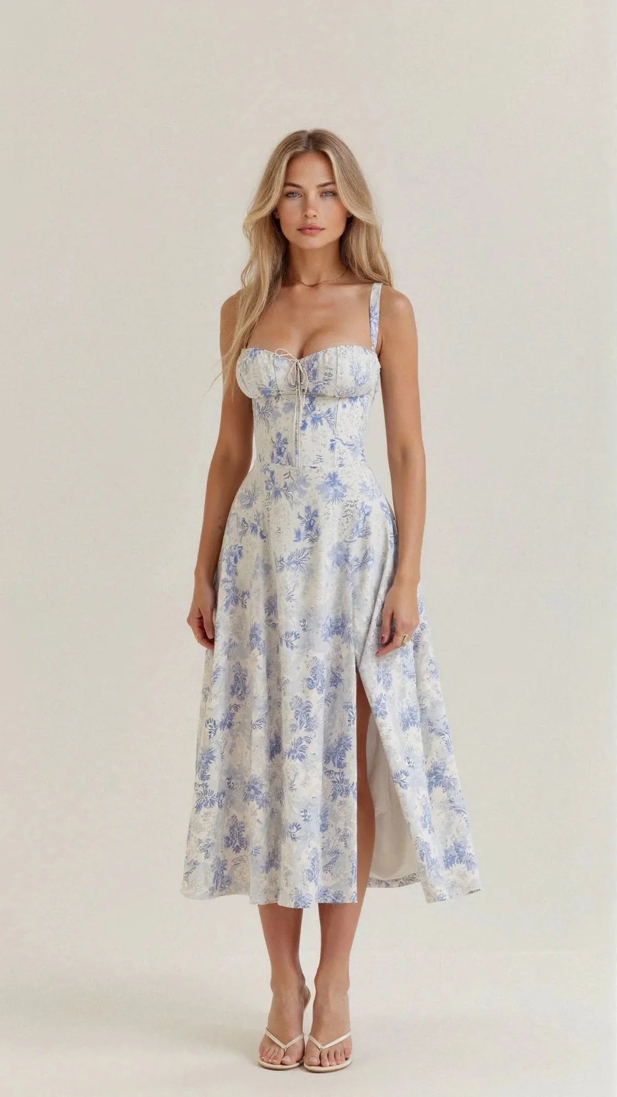 NOUVEAU RICHE Verstellbares Herzförmiges Midi-Taillenkleid mit Korsettrücken Blau